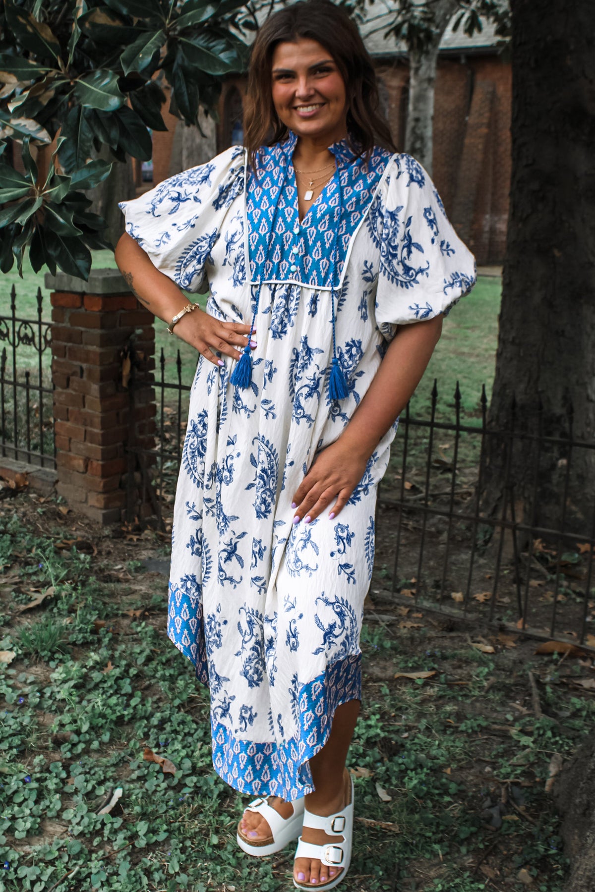 Sky Blue Boho Abstract Print V Neck Tassel Tie Dress