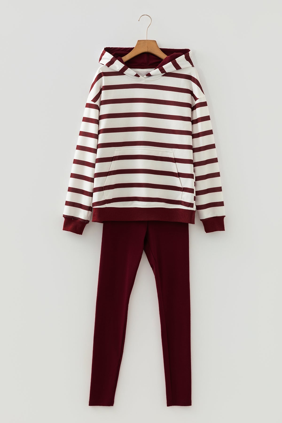 Women's Red Stripe Pullover Hoodie Ribbed Solid Pants Two-Piece Set Outfit