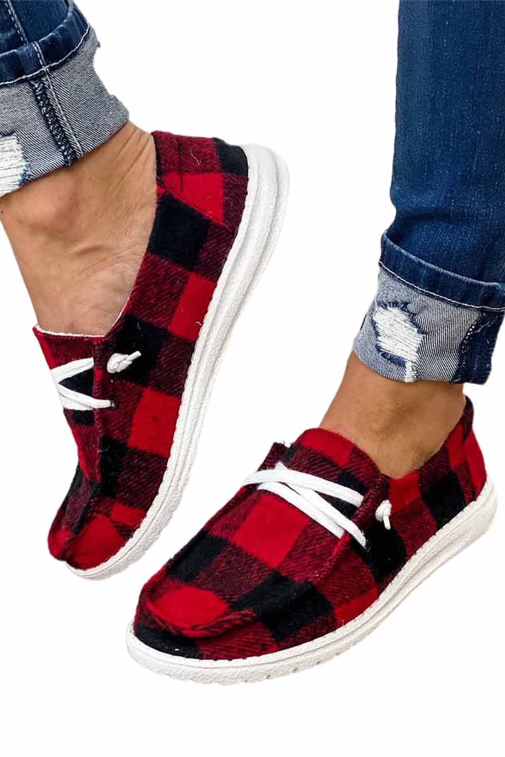 Fiery Red Vintage Plaid Lace-Up Sneakers