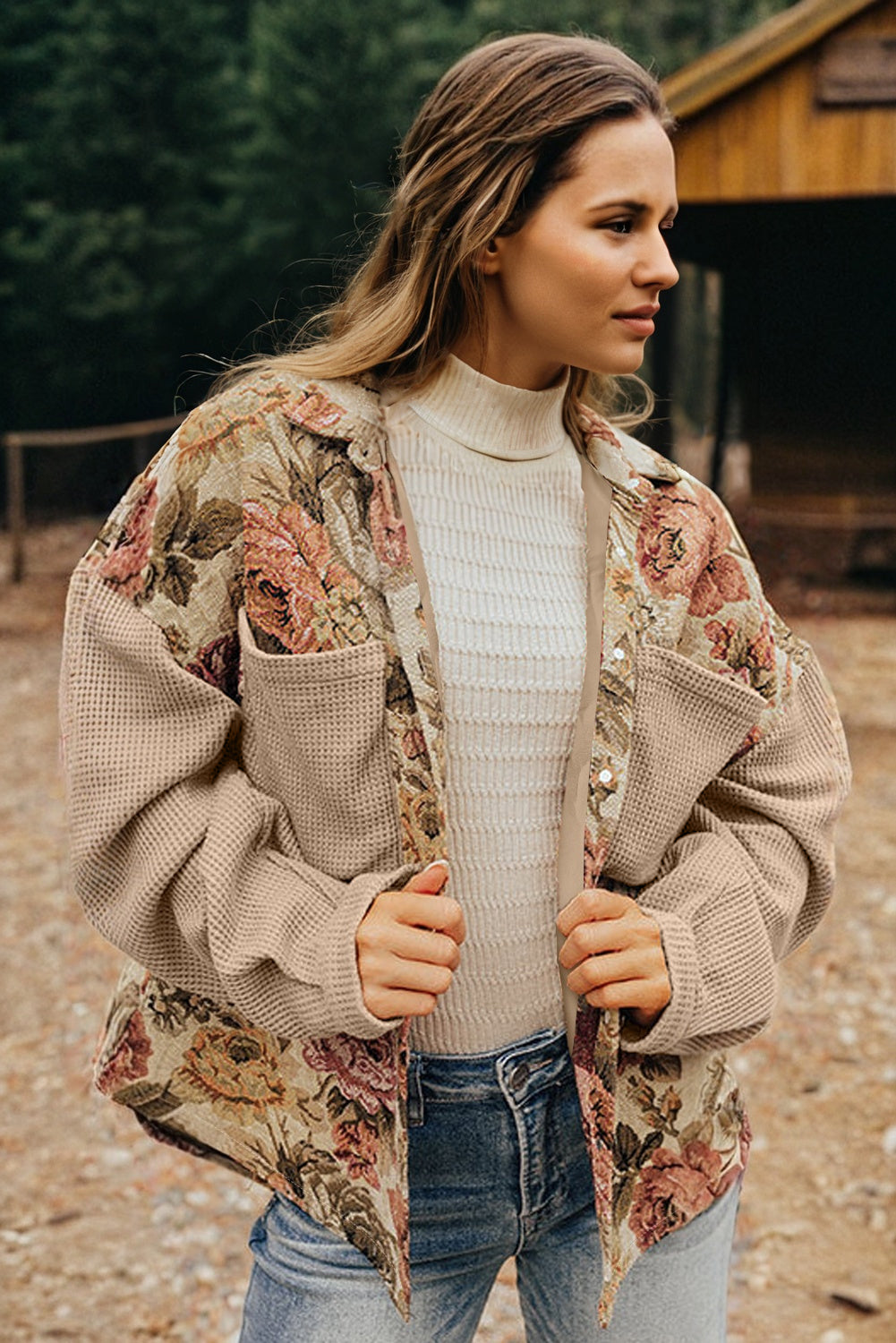 Khaki Floral Waffle Knit Patchwork Chest Pockets Buttoned Jacket