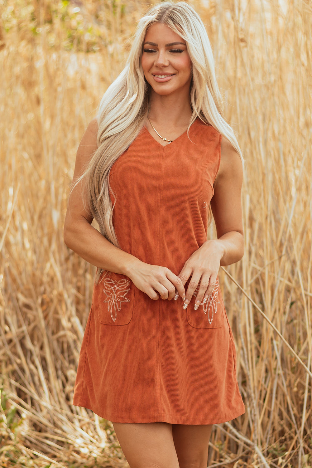 Gold Flame Corduroy Western Embroidered Sleeveless Mini Dress