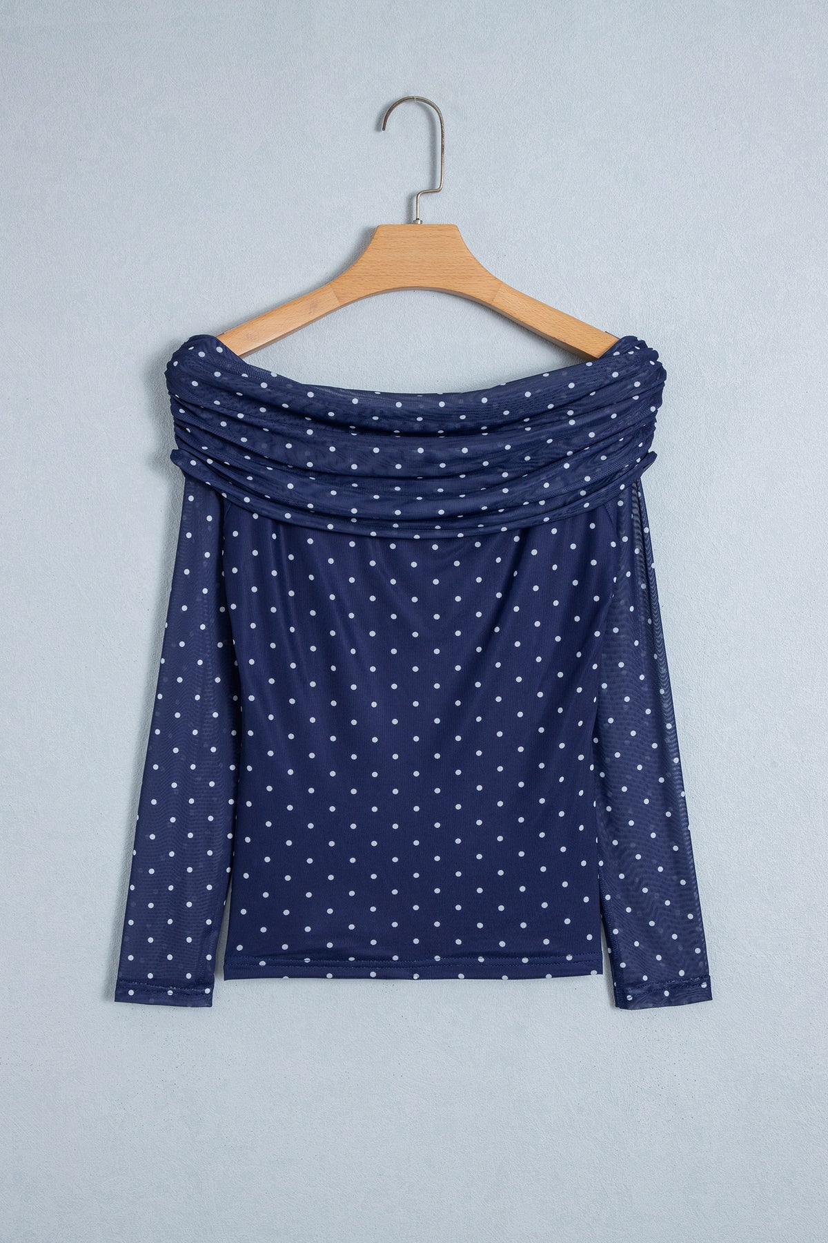 Blue Off Shoulder Polka Dot Mesh Sheath Top