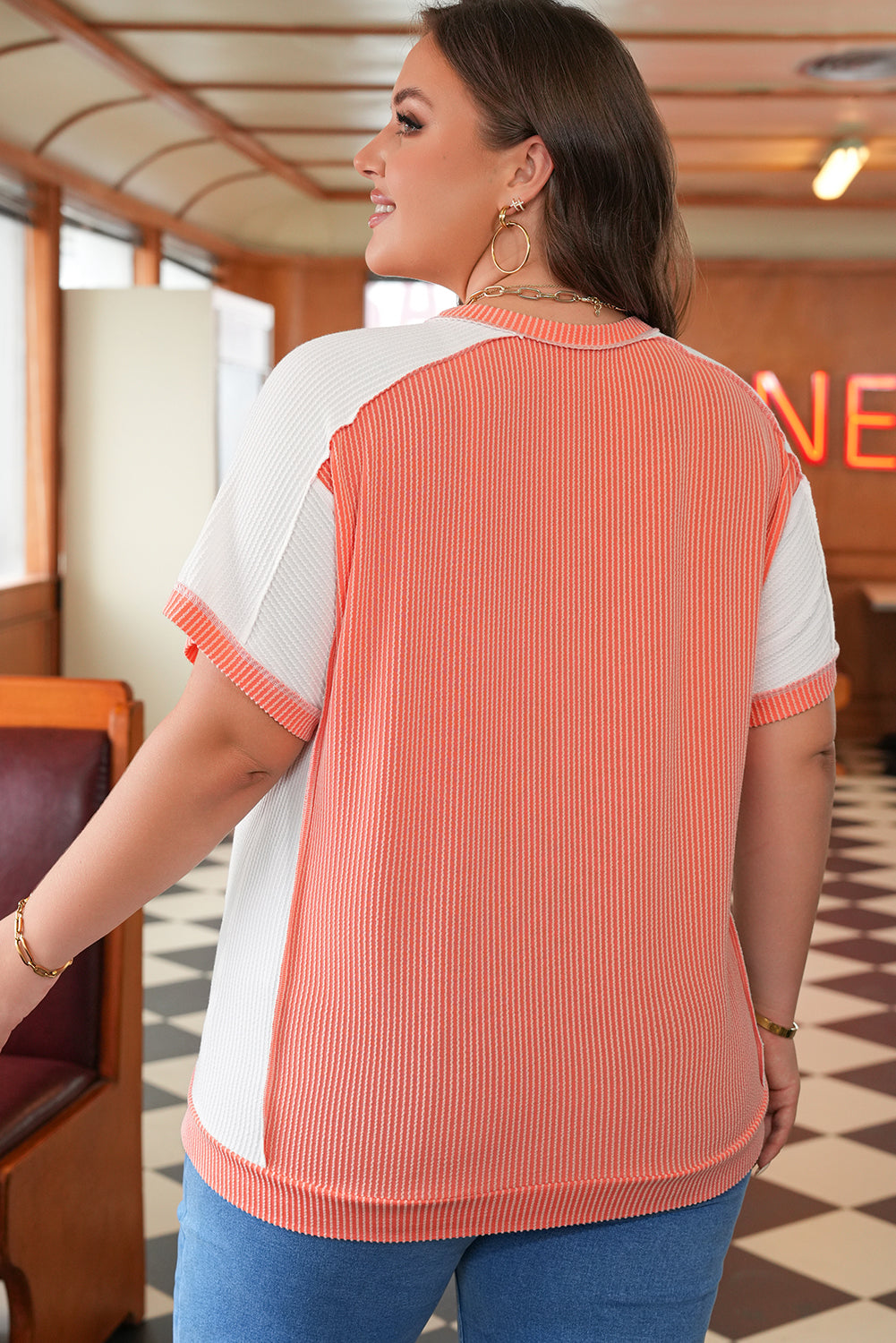 Carrot Twist Rib Color-Block Hi Low Plus Size Short-Sleeve Top