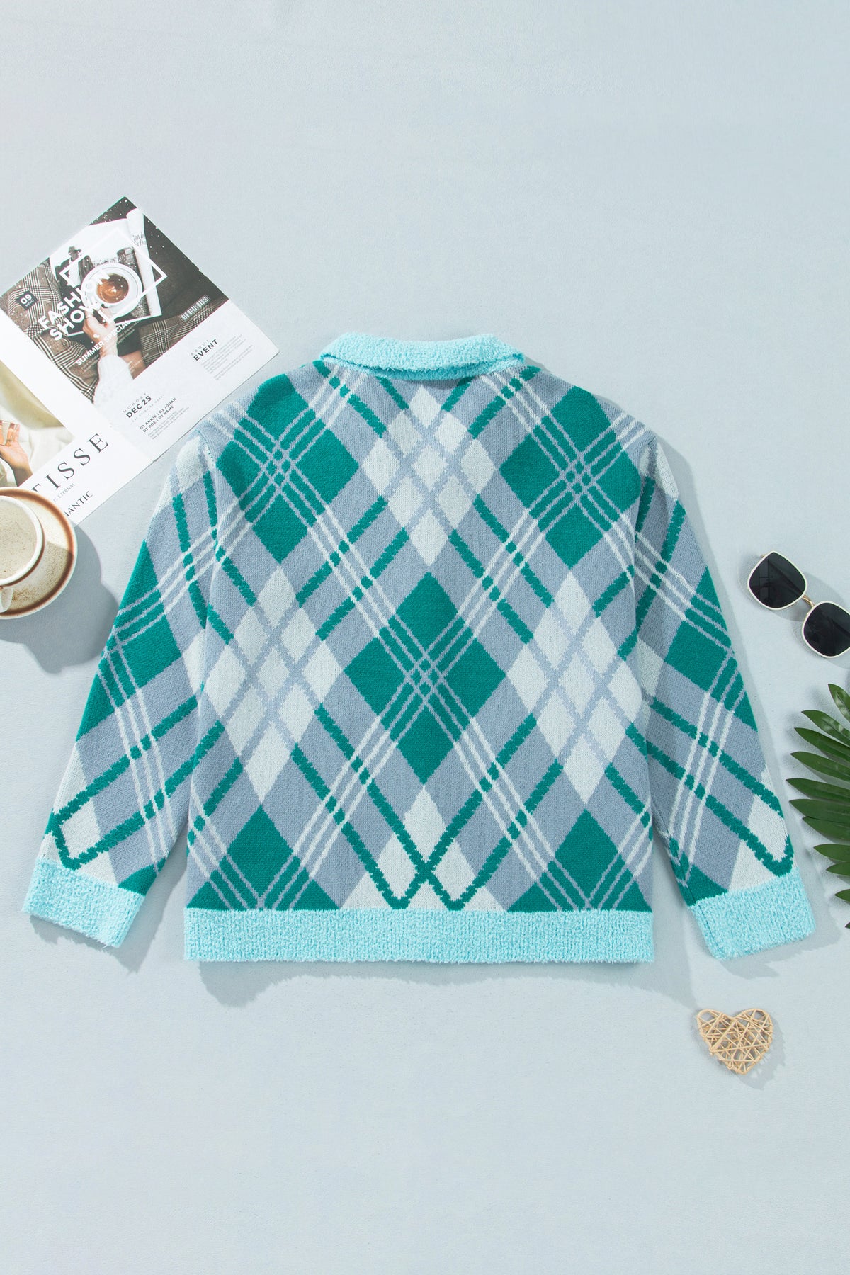 Green Plaid V-Neck Long-Sleeve Shift Cardigan Sweater