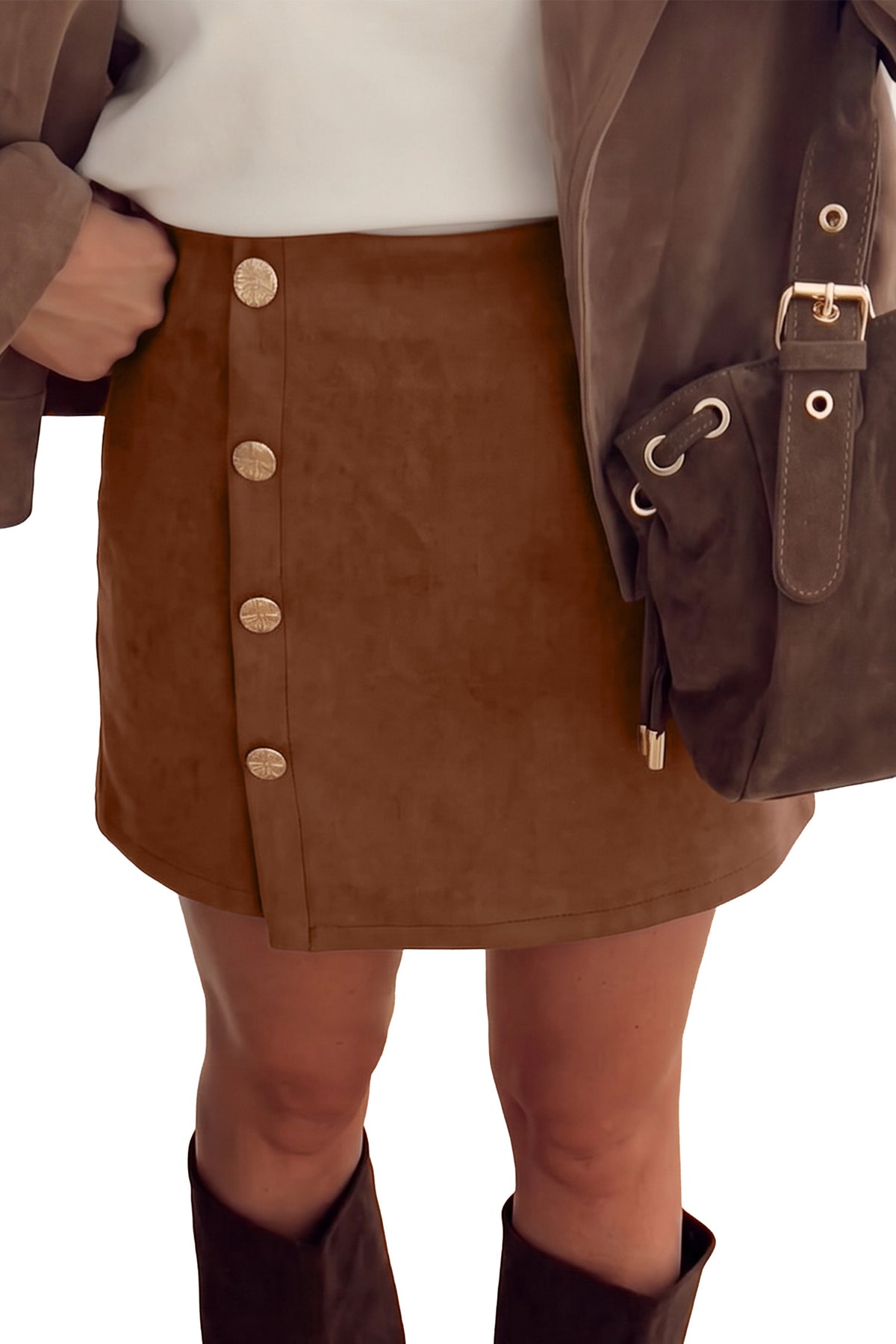 Dark Khaki Gold Button Asymmetric Wrapped Mini Skirt