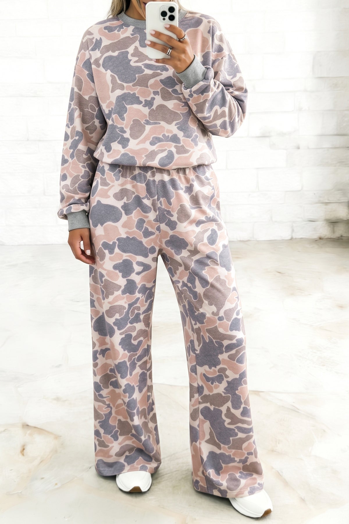 Women's Multicolour Camouflage Print Long-Sleeve Top Loose Two-Piece Pants Set