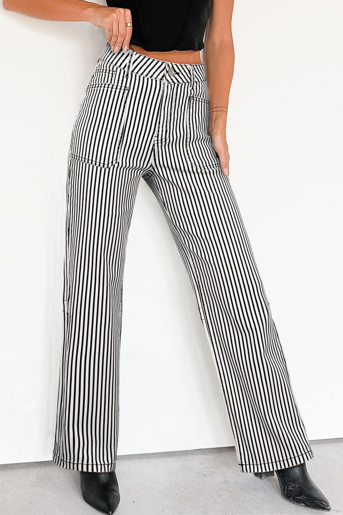 Black Stripe Patch Pocket High Waist Shift Denim Jeans