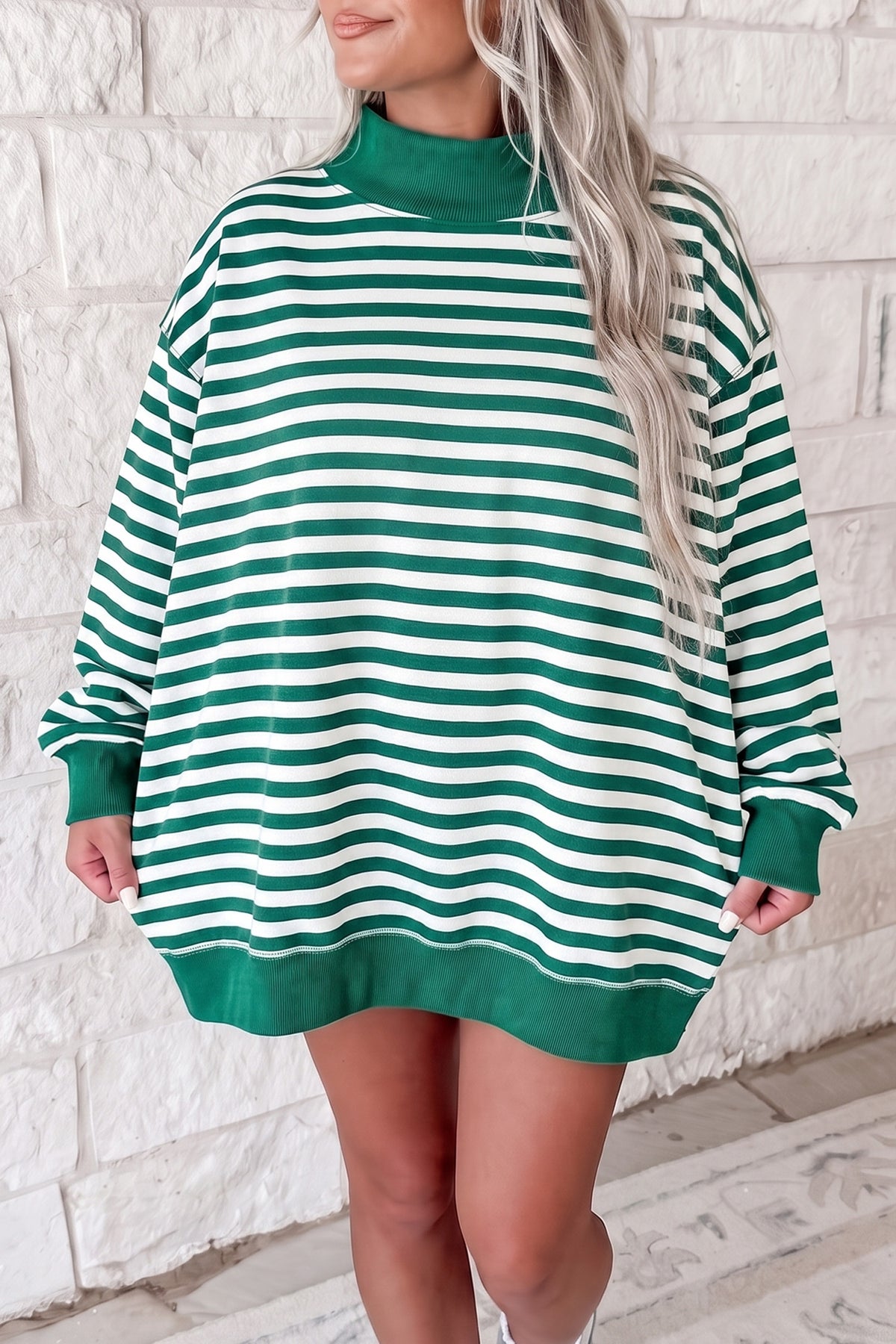 Green Stripe Mock Neck Oversized Tunic Sweatshirt
