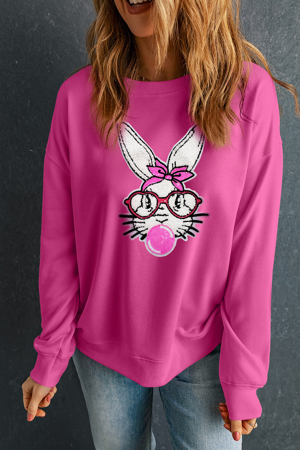Bonbon Bubble Gum Rabbit Sequin Graphic Drop Shoulder Sweatshirt