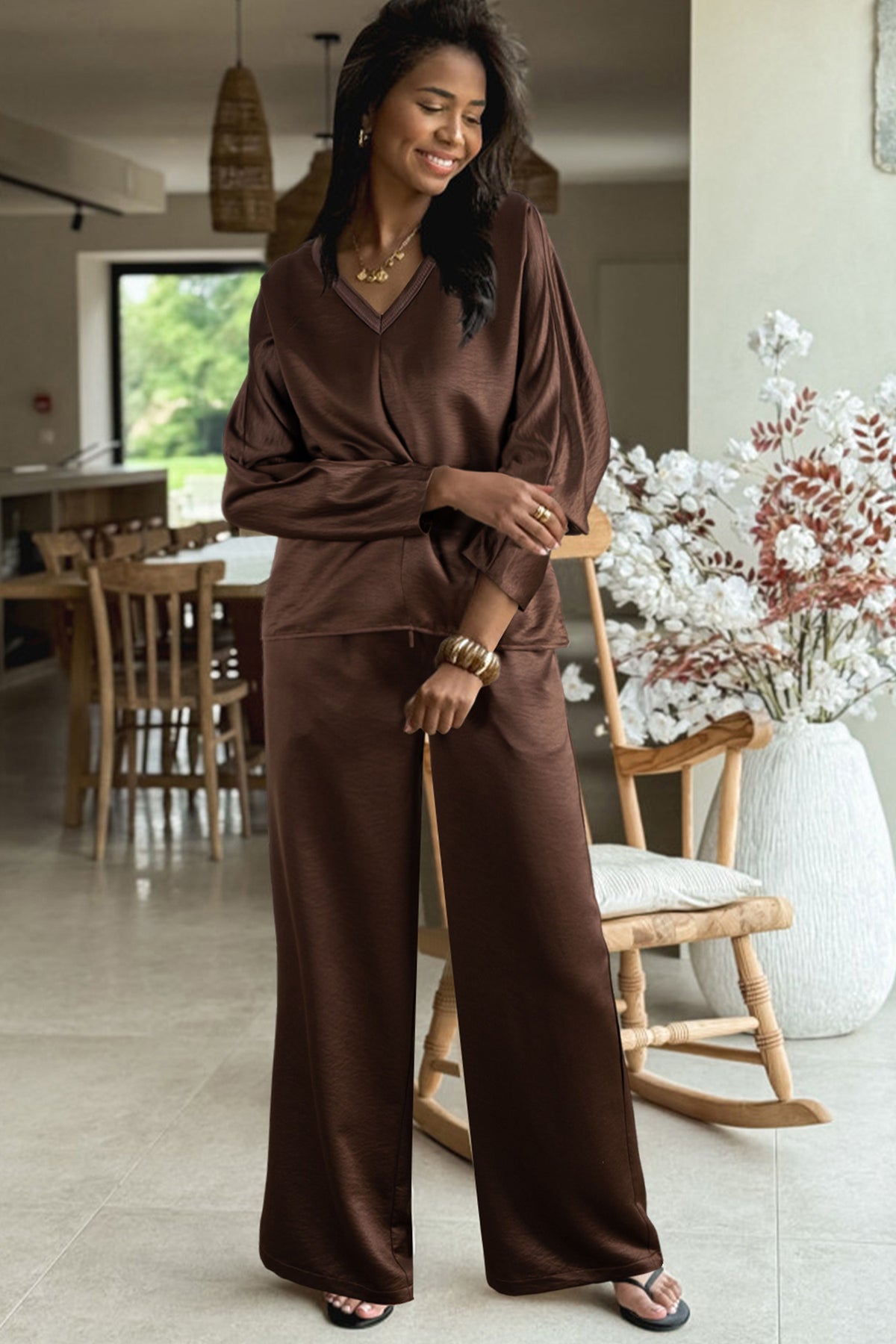 Women's Dark Brown Braided V-Neck Top & High-Waist Pants Two-Piece Outfit Set
