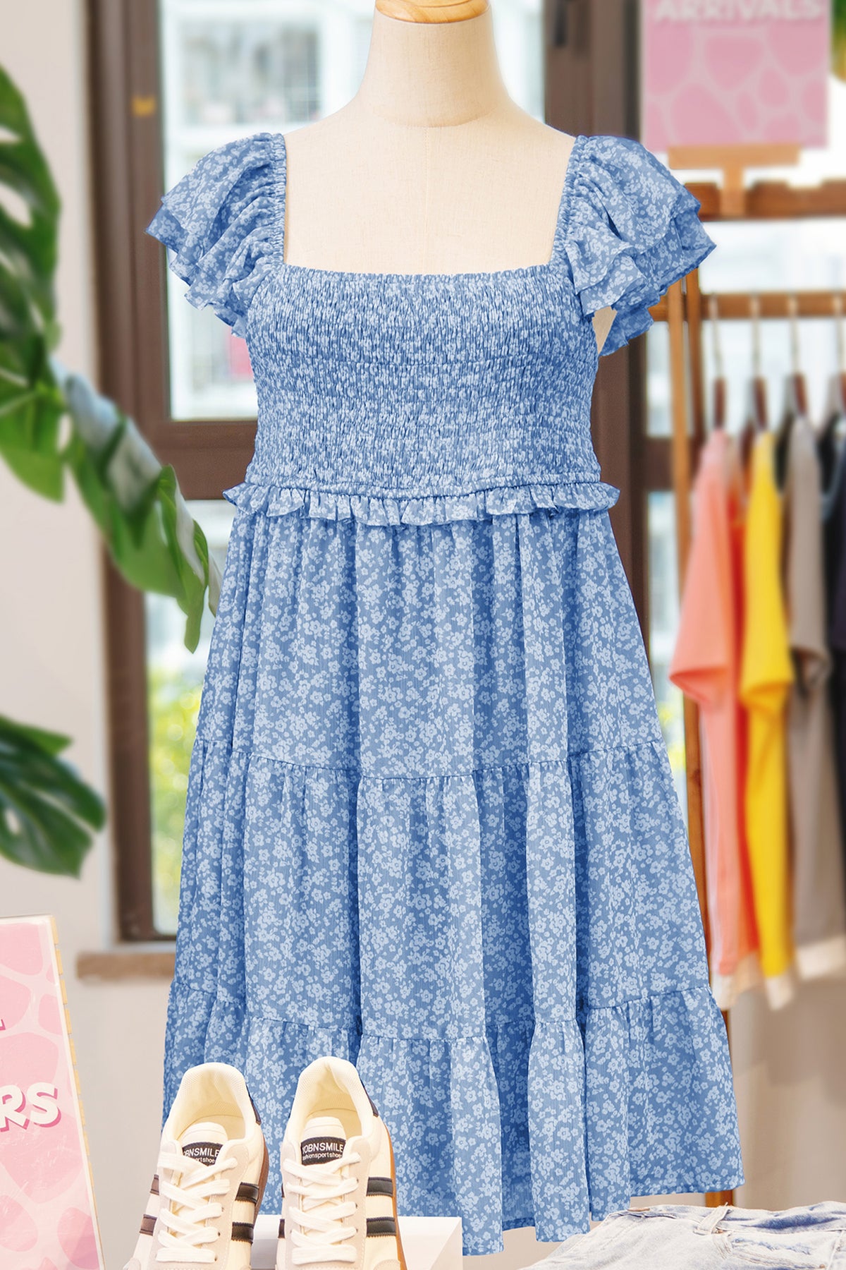 Sky Blue Floral Square Neck Flutter Sleeve Smocked Tiered Mini Dress
