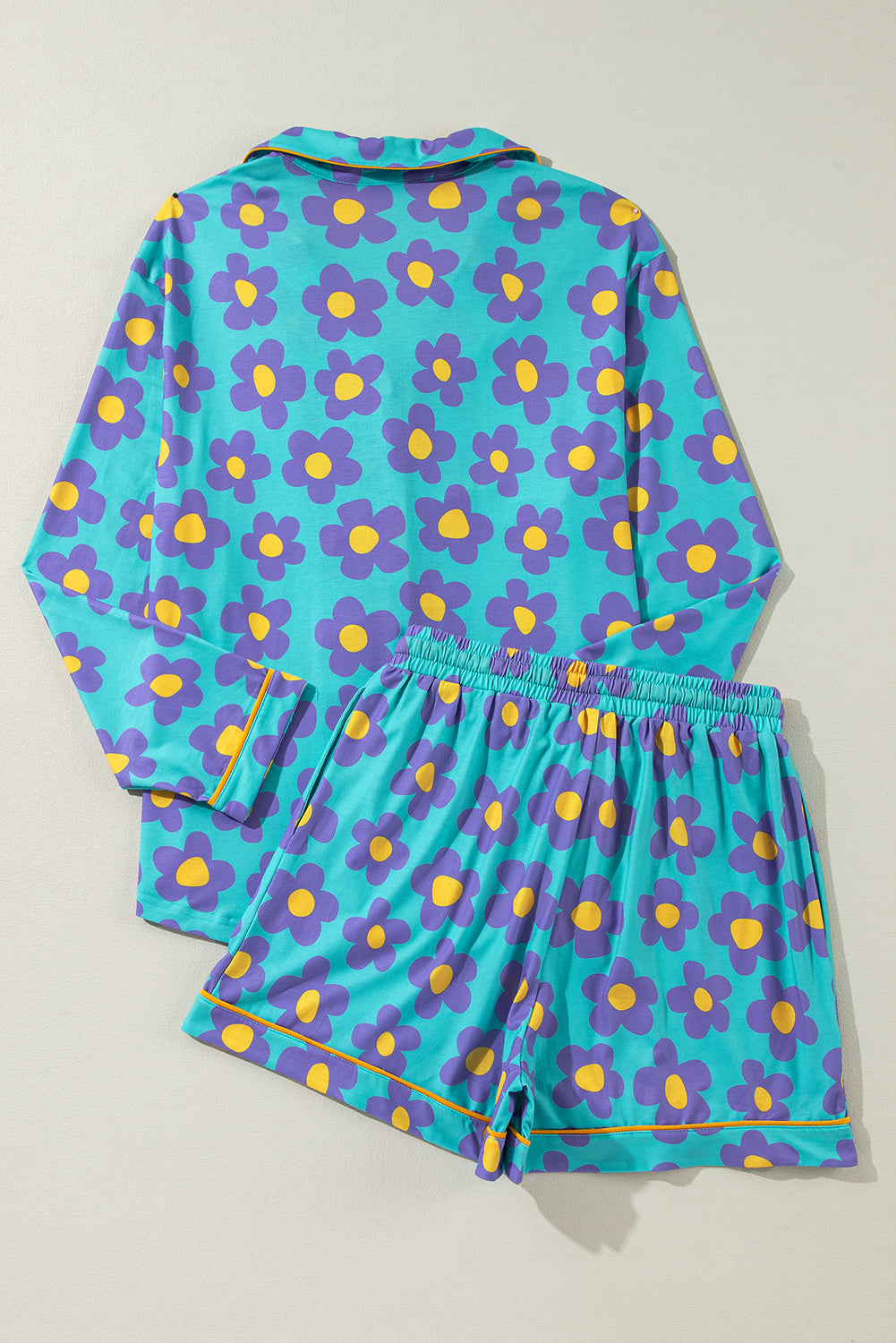 Green Flower Print Long Sleeve Shirt Shorts Pajama Set