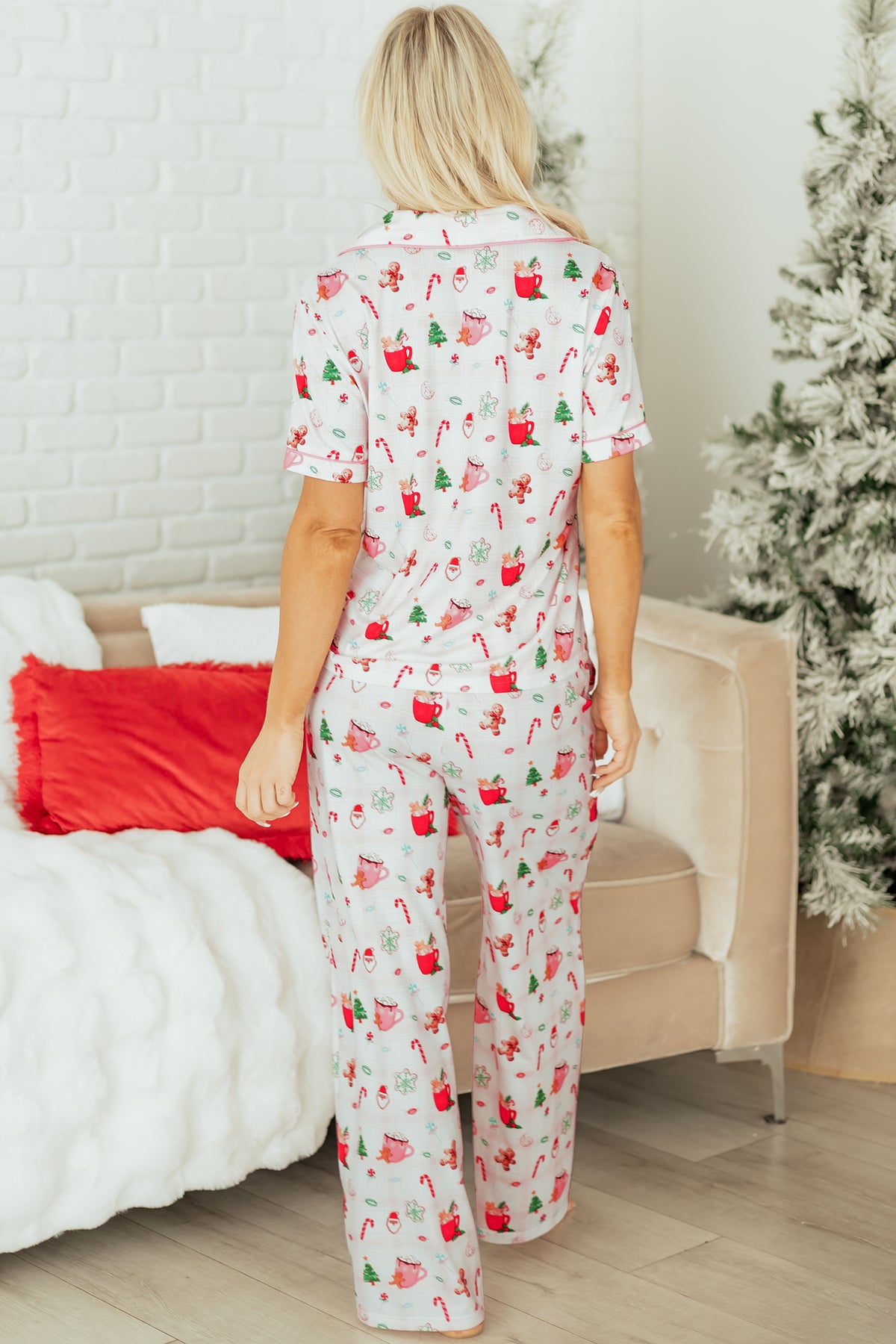 Pink Christmas Spirit Print Short Sleeve Shirt and Pants Pajama Set