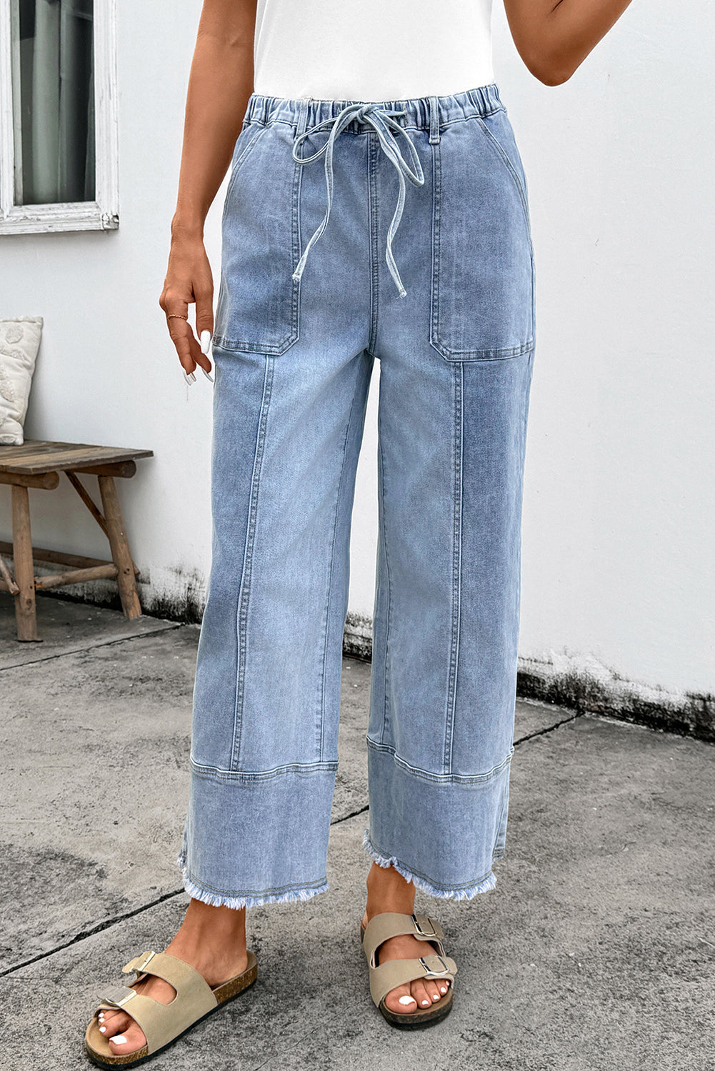 Prussian Blue Drawstring Seam Raw Hem Wide Leg Denim Pants