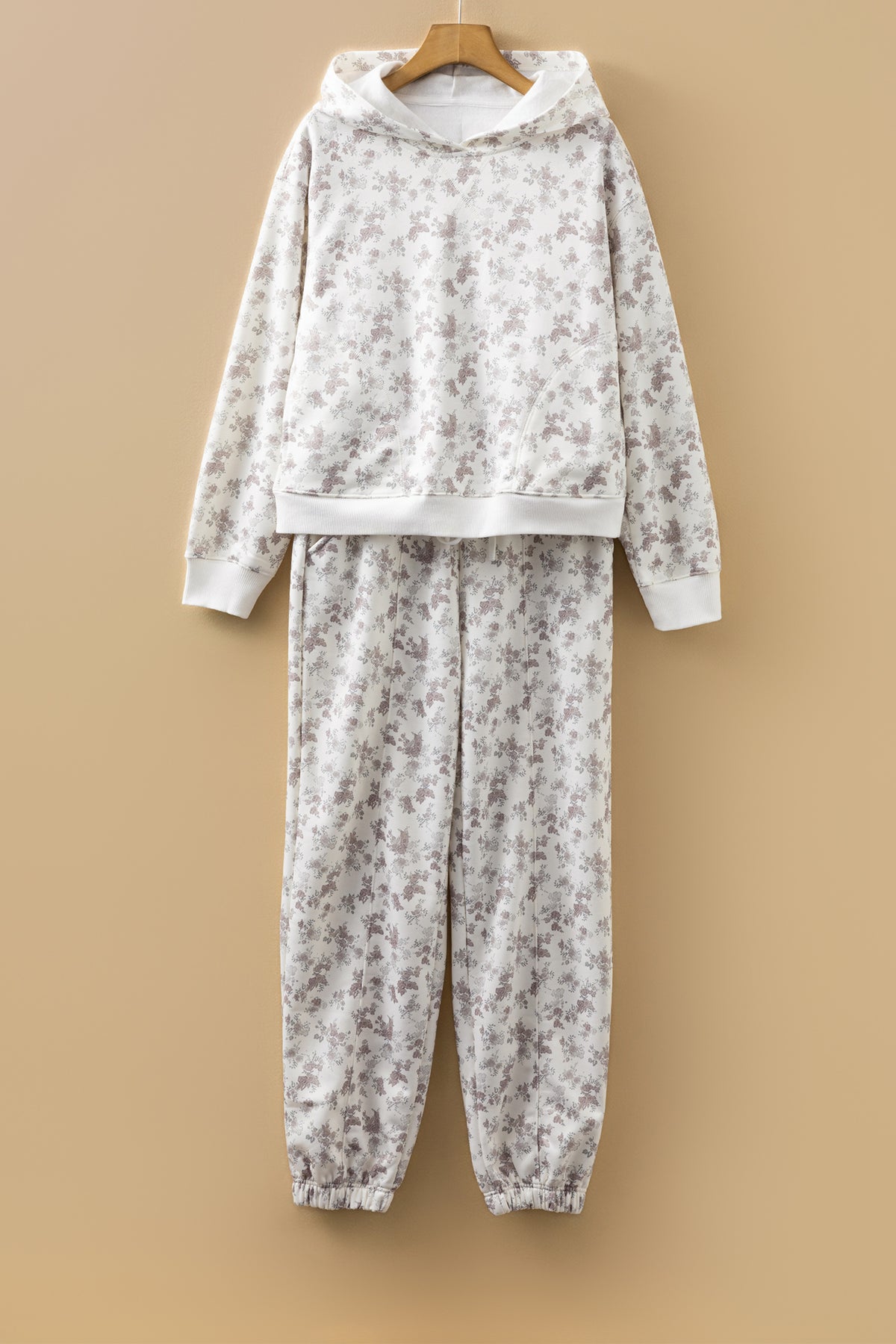 White Floral Print Casual Hoodie Drawstring Jogger Pant Set