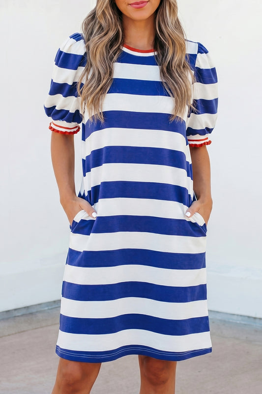 Blue Stripe Round Neck Short Puff Sleeve Shift Mini Dress