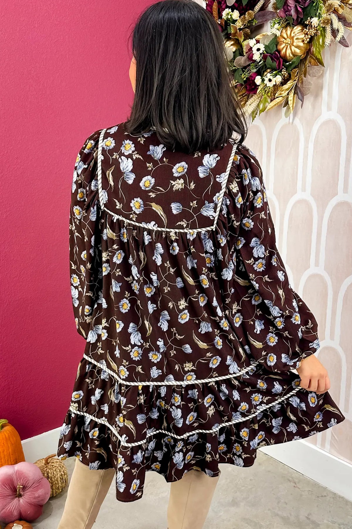 Brown Floral V-Neck Mini Dress