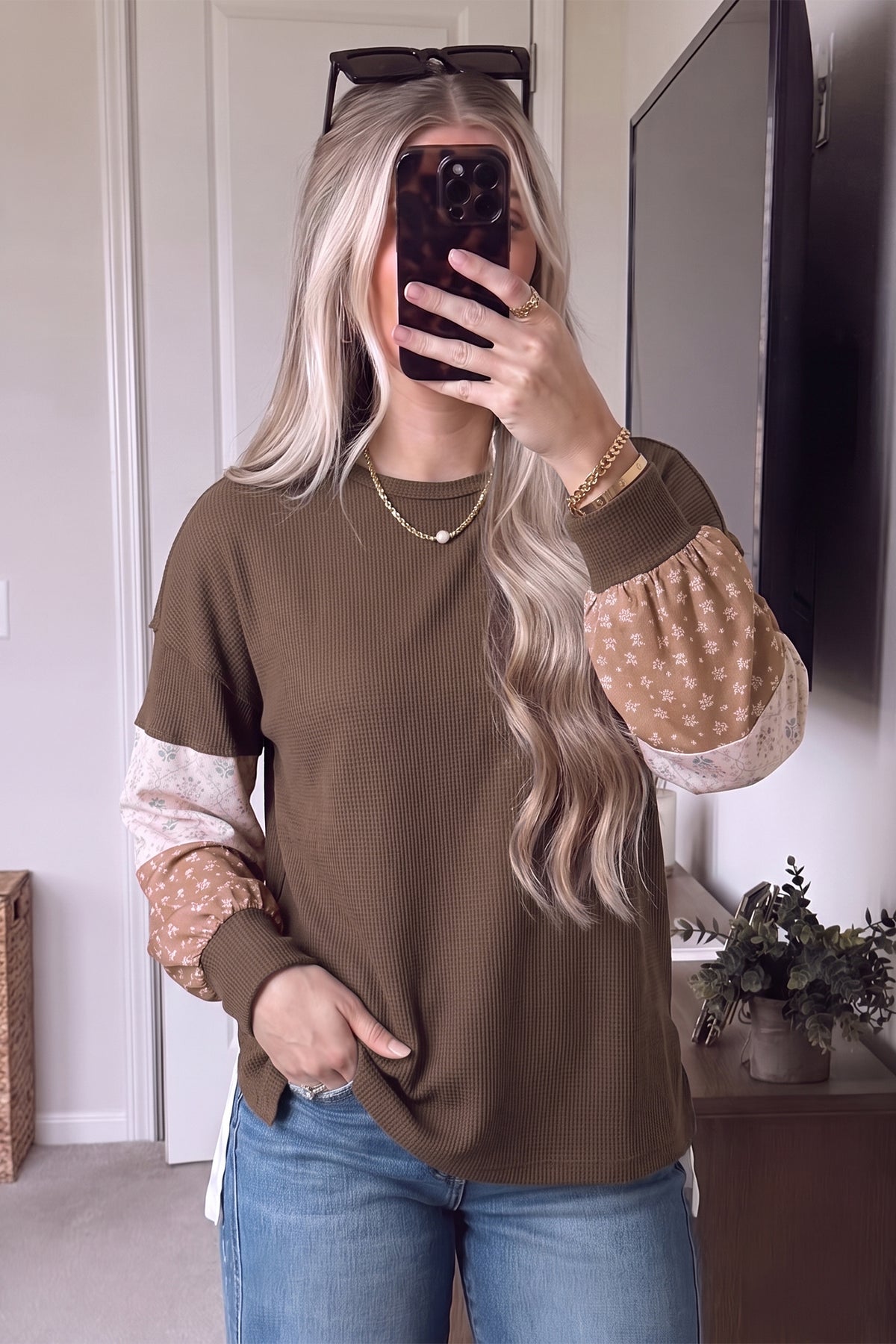Coffee Floral Print Colorblock Textured Tunic Top