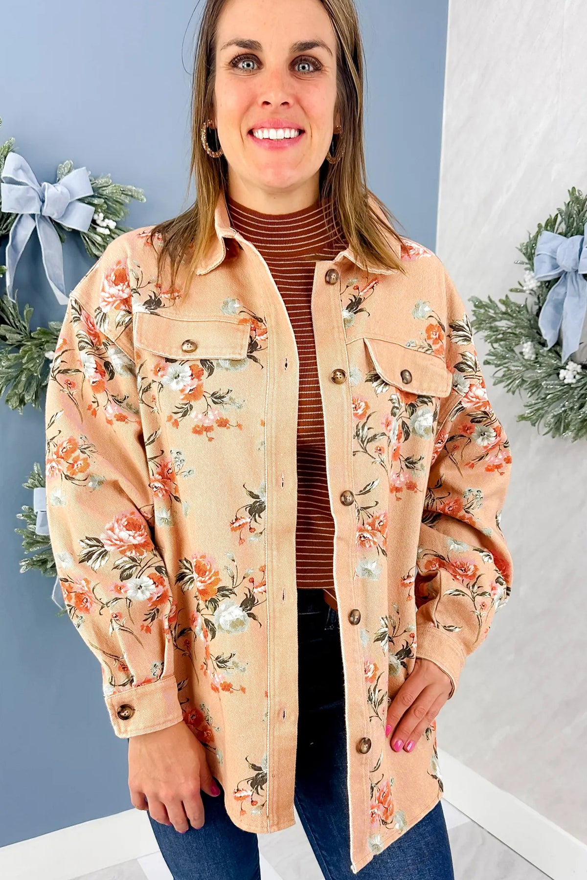 Khaki Floral Print Long Sleeve Denim Jacket Tunic Length Daily Wear