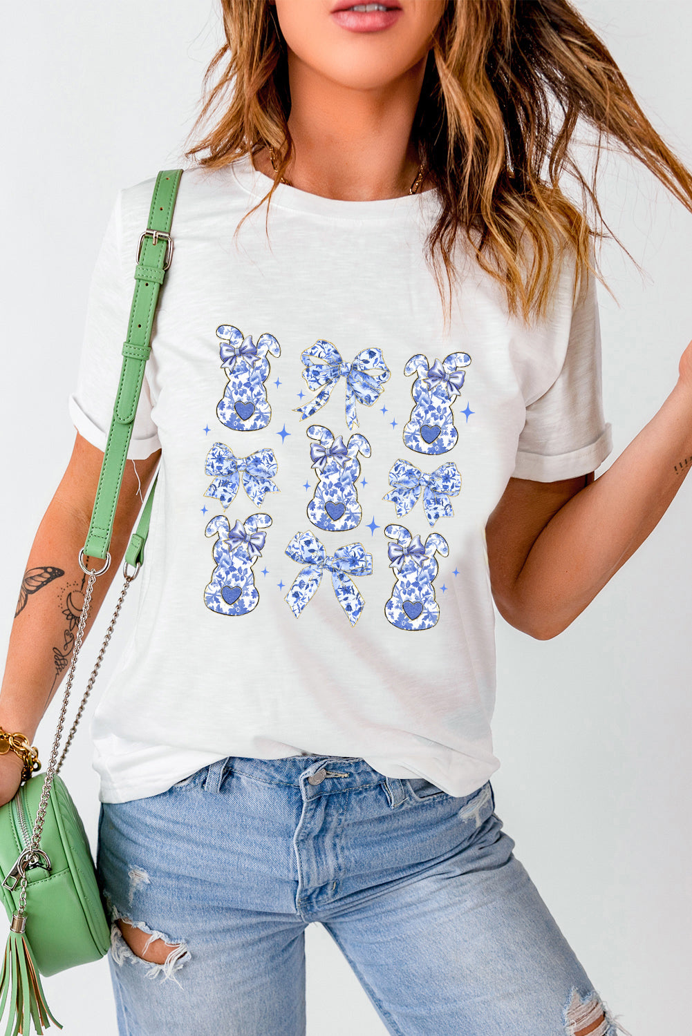 White Bowknot Bunny Graphic Easter Fashion T-Shirt