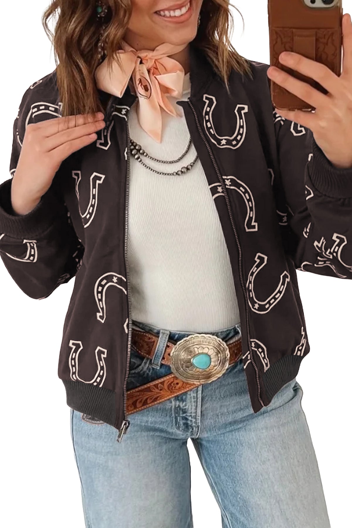 Brown Western Horseshoe Print Zip Jacket