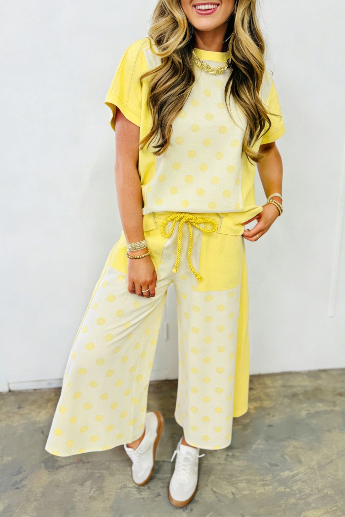 Women's Pink Color Block Patchwork Polka Dot Wide-Leg Pants Set