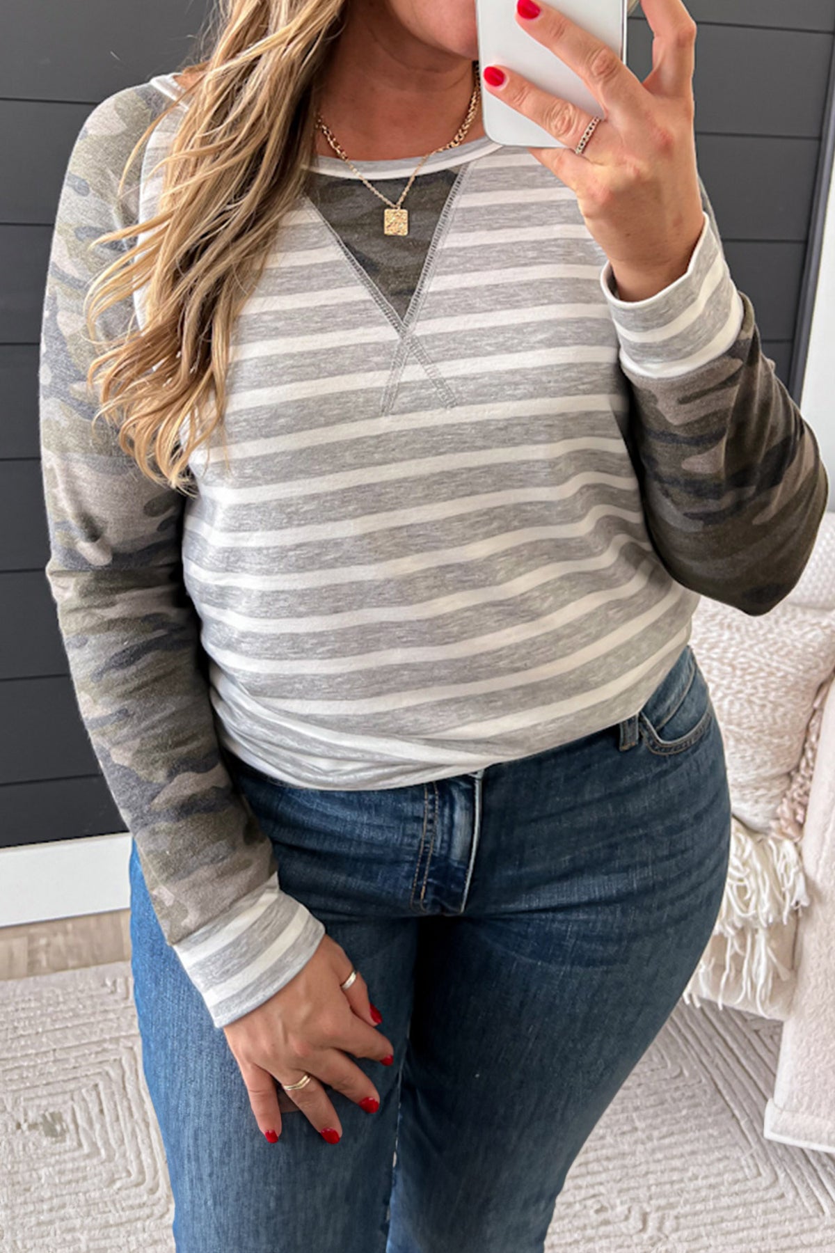 Gray Stripe Camo Sleeve Striped Color-Block Round-Neck Long-Sleeve Plus Size Blouse