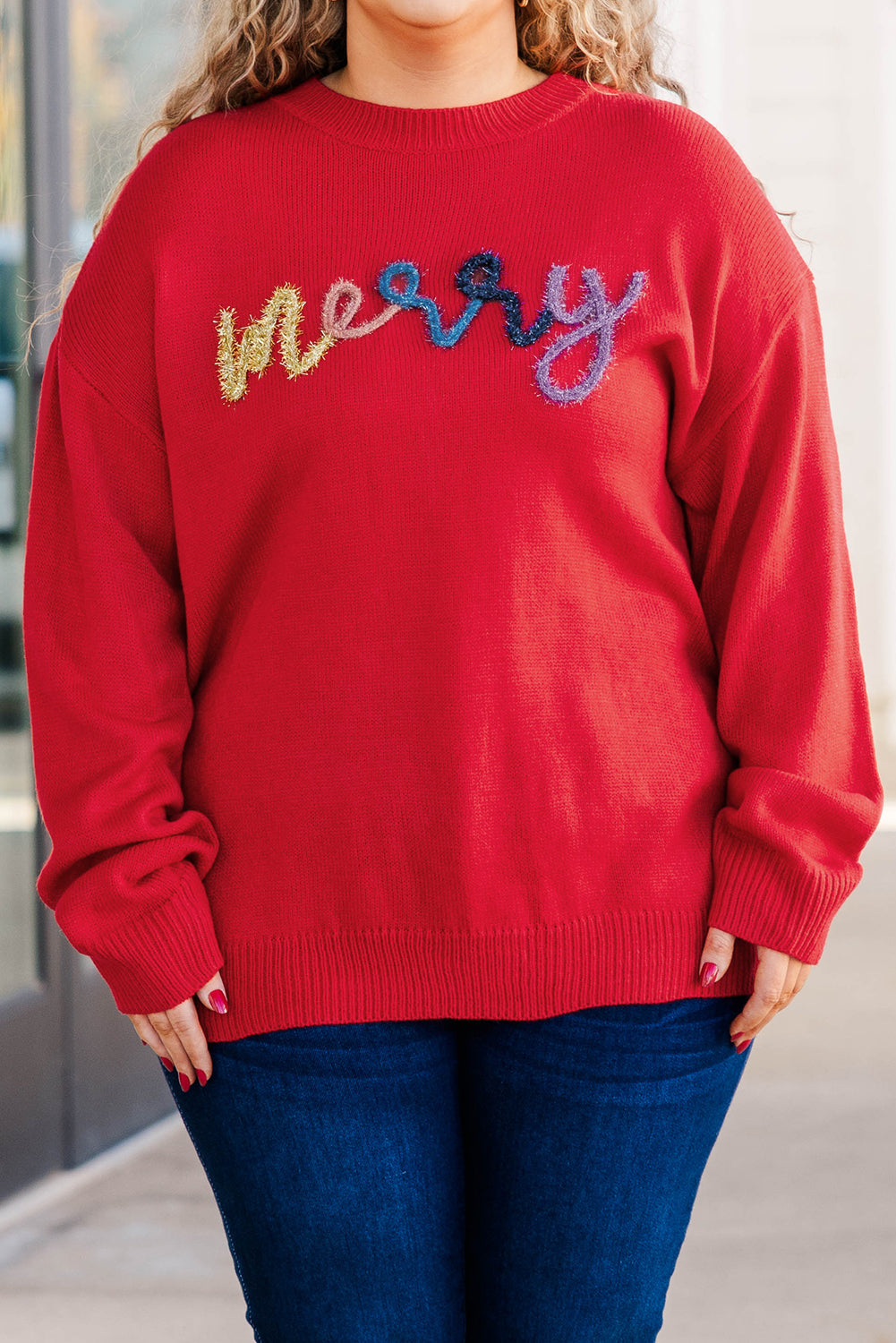 Fiery Red Tinsel merry Pattern Drop-Shoulder Plus Size Sweater