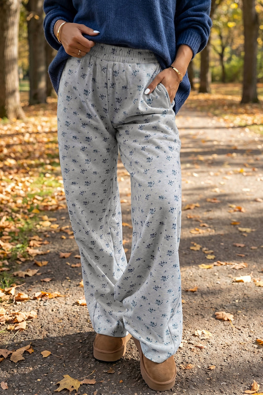 Gray Floral Print Elastic Waist Full-Length Regular Pants