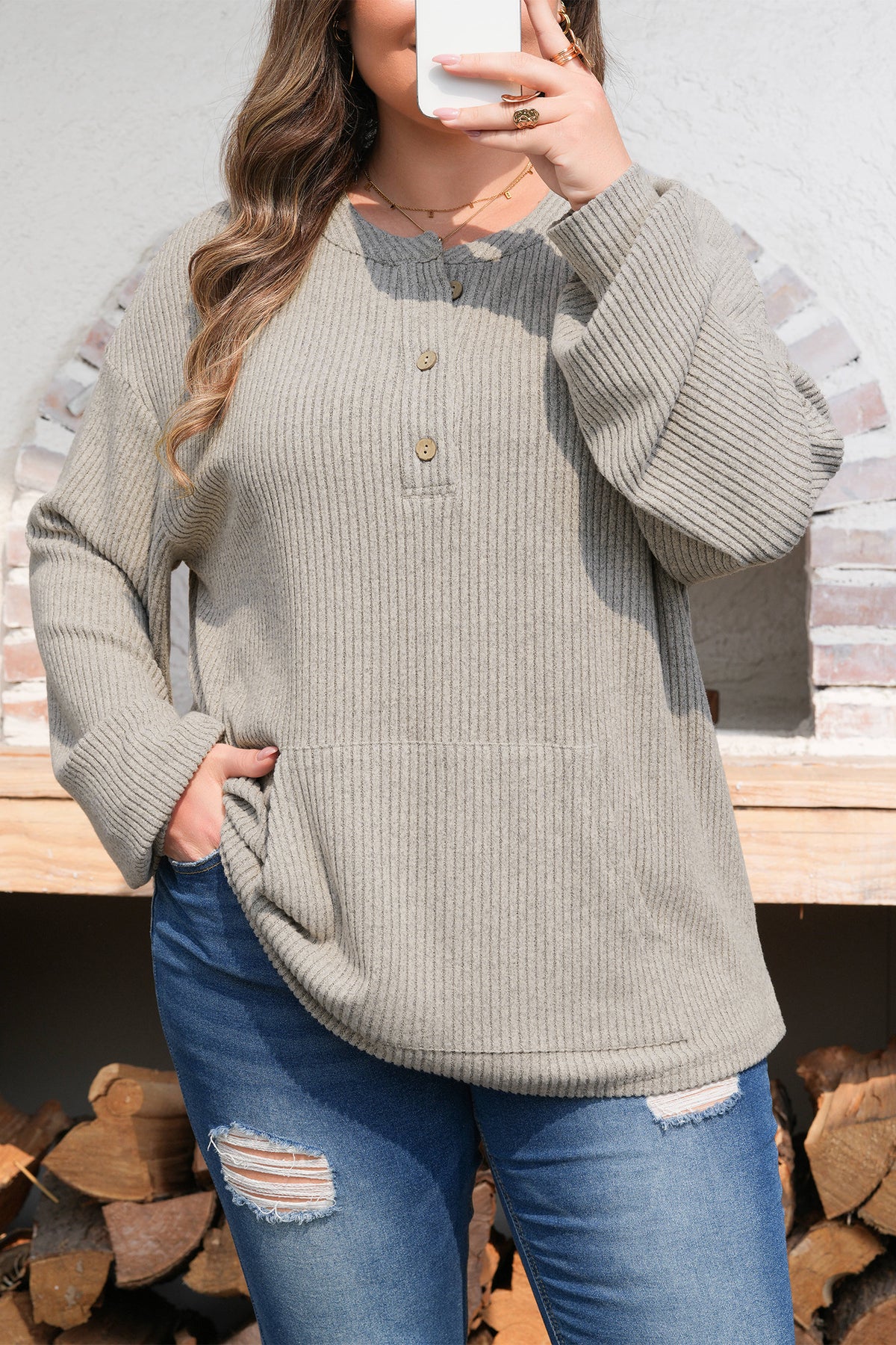 Simply Taupe Plus Size Ribbed Knit Kangaroo Pocket Henley Long-Sleeve Top