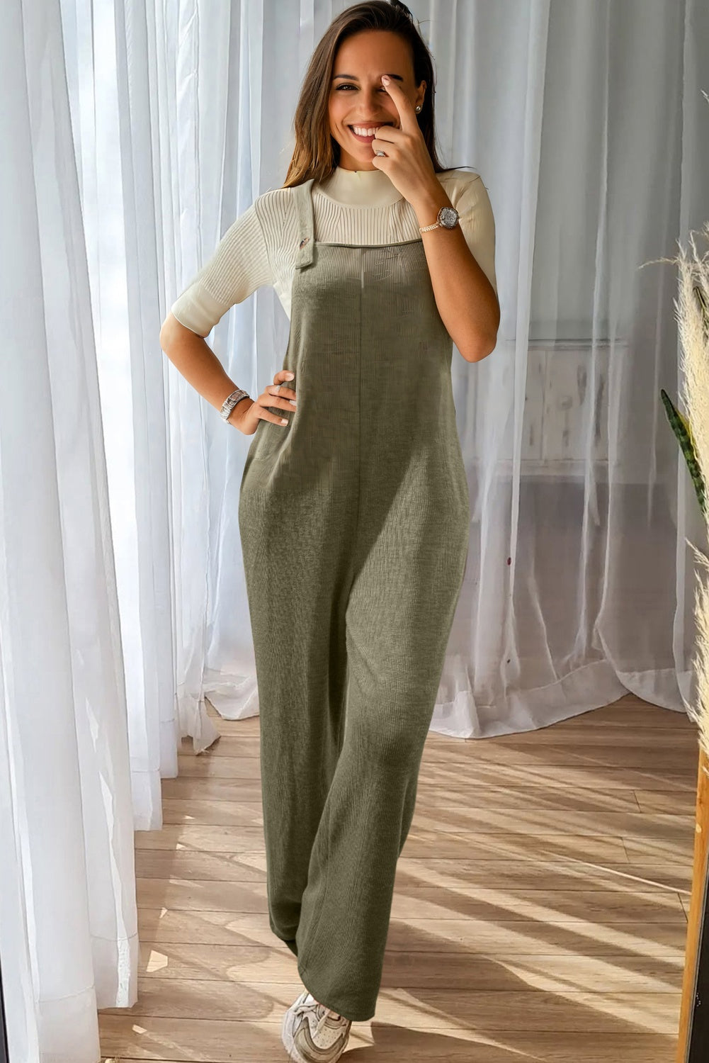 Laurel Green Solid Knit Loose Straight Leg Casual Overall Jumpsuit