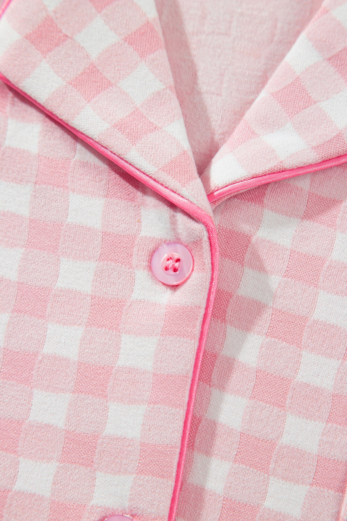 Pink Gingham Long Sleeve Lapel Shirt Pajama Pants Set