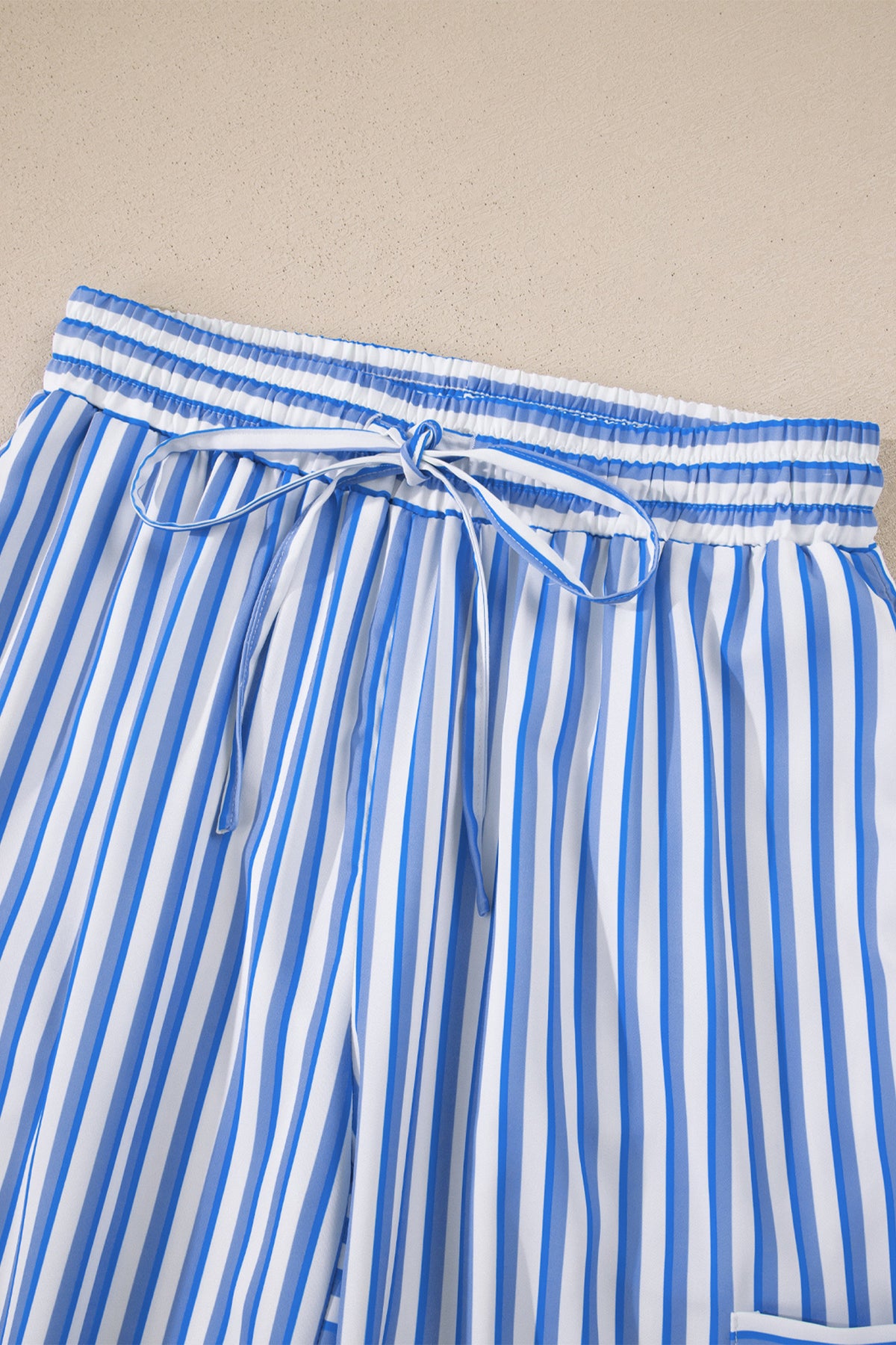 Sky Blue Stripe Drawstring Elastic Waist Patch Pocket Wide Leg Pants