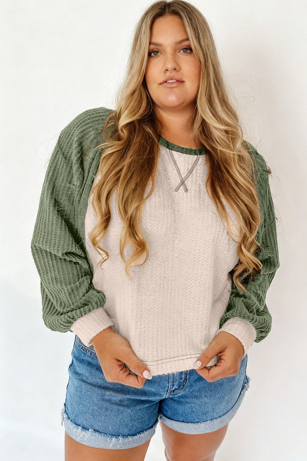 Mist Green Plus Size Waffled Color-Block Long-Sleeve Top