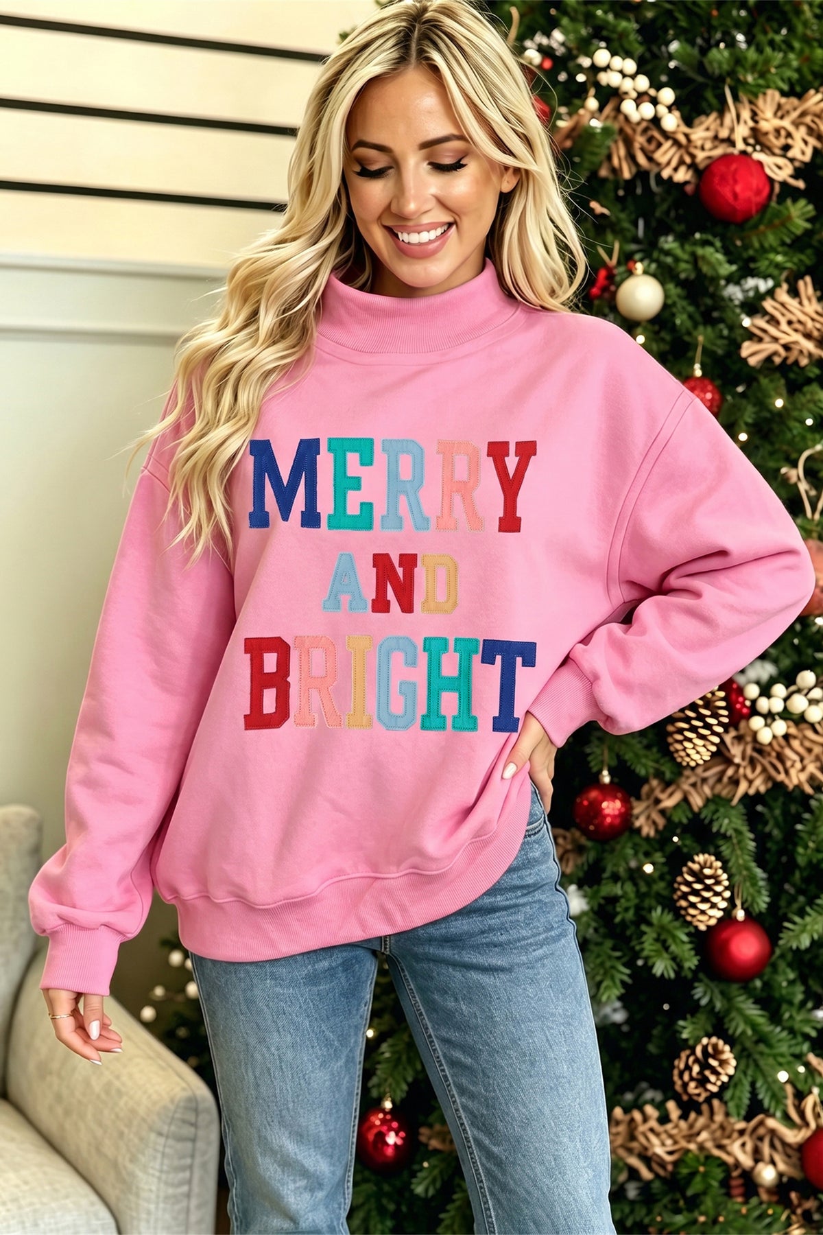 Peach Blossom MERRY AND BRIGHT Stitched Sweatshirt