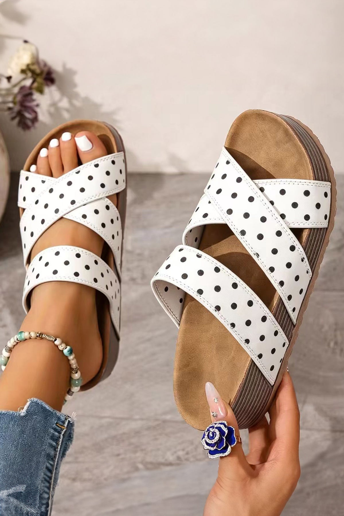 White Polka Dot Crossed Band Soft Suede Platform Sandals