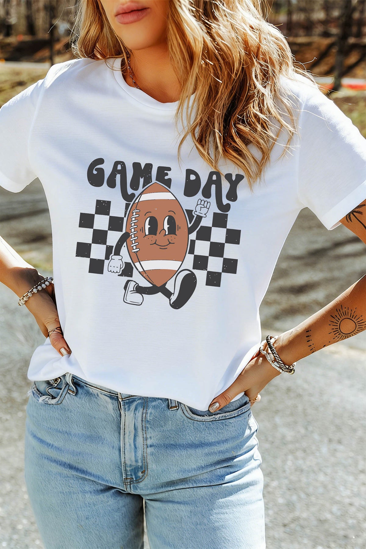 White Playful Game Day Football Printed T-Shirt
