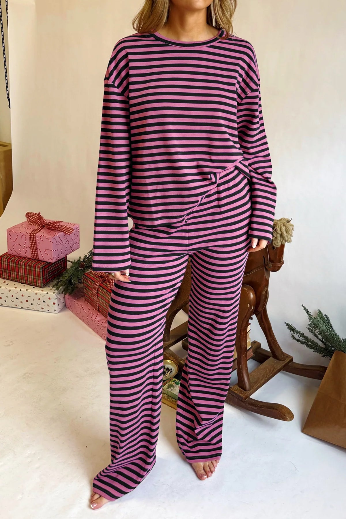 Women's Pink Stripe Casual Long-Sleeve Top Drawstring Pants Set