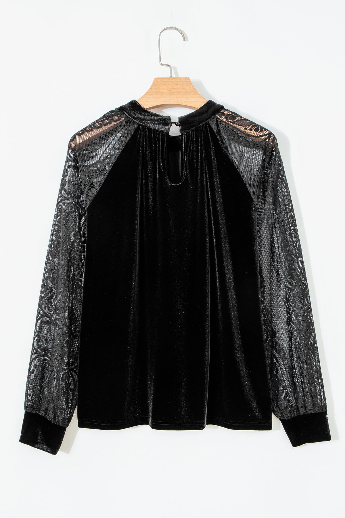 Color Black Solid Color Sheer Lace Long Sleeve Patchwork Stand Neck Velvet Blouse