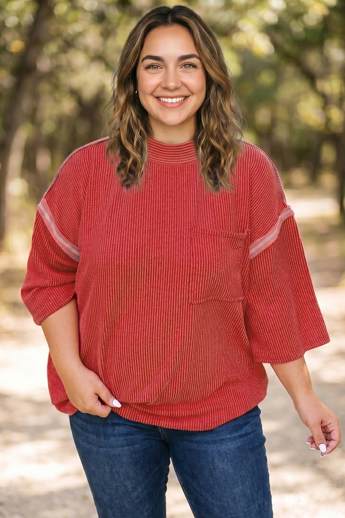 Fiery Red Ribbed Tunic Round-Neck Bracelet Sleeve Plus Size Blouse
