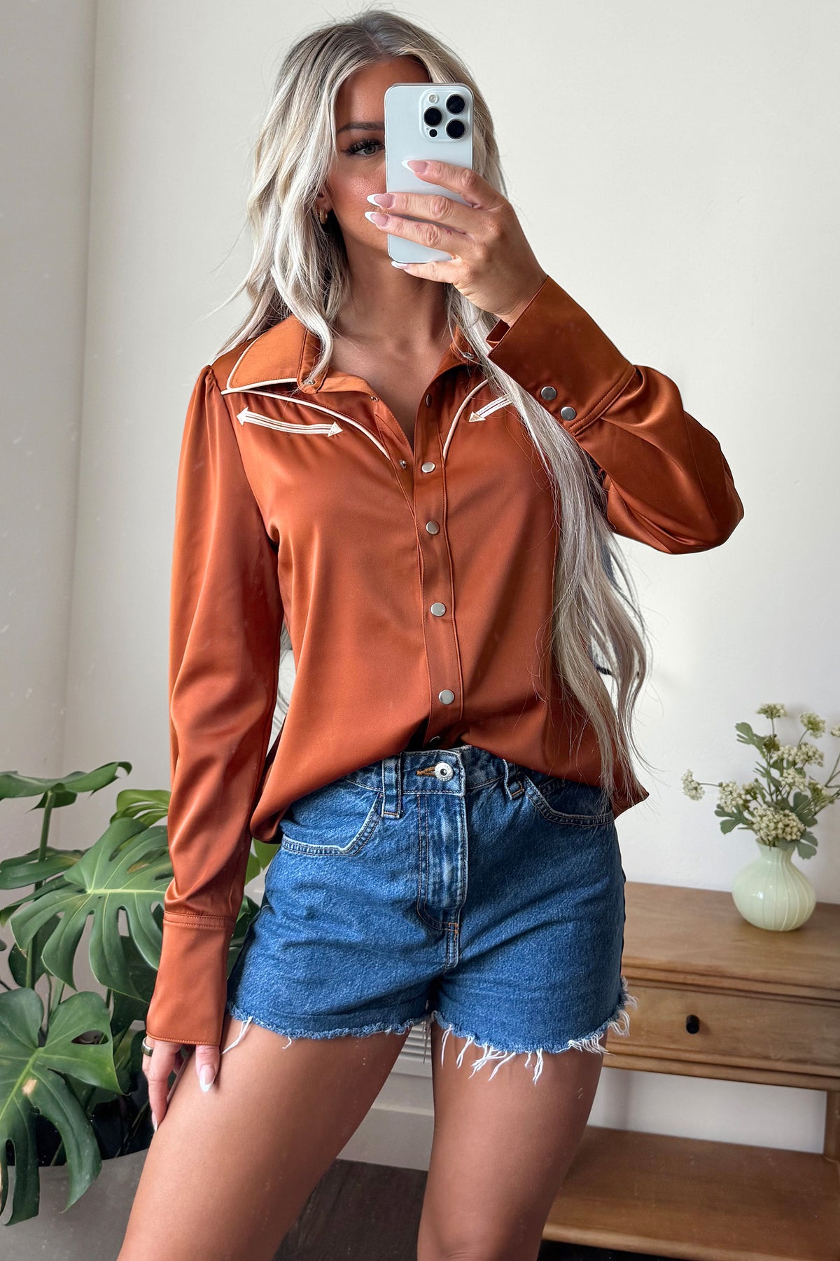 Cinnamon Silky Button Front Western Fashion Shirt