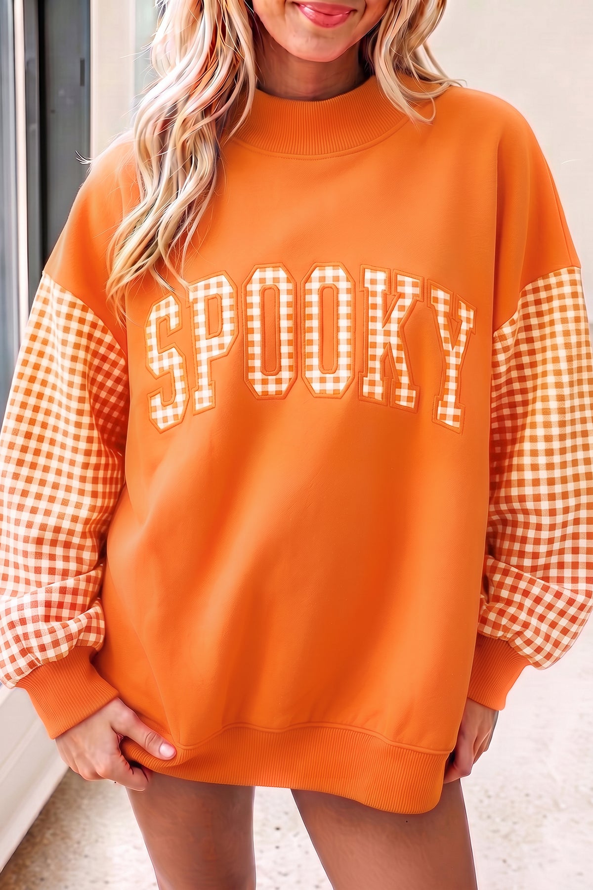 Fiery Red Gingham Plaid Oversized Sweatshirt