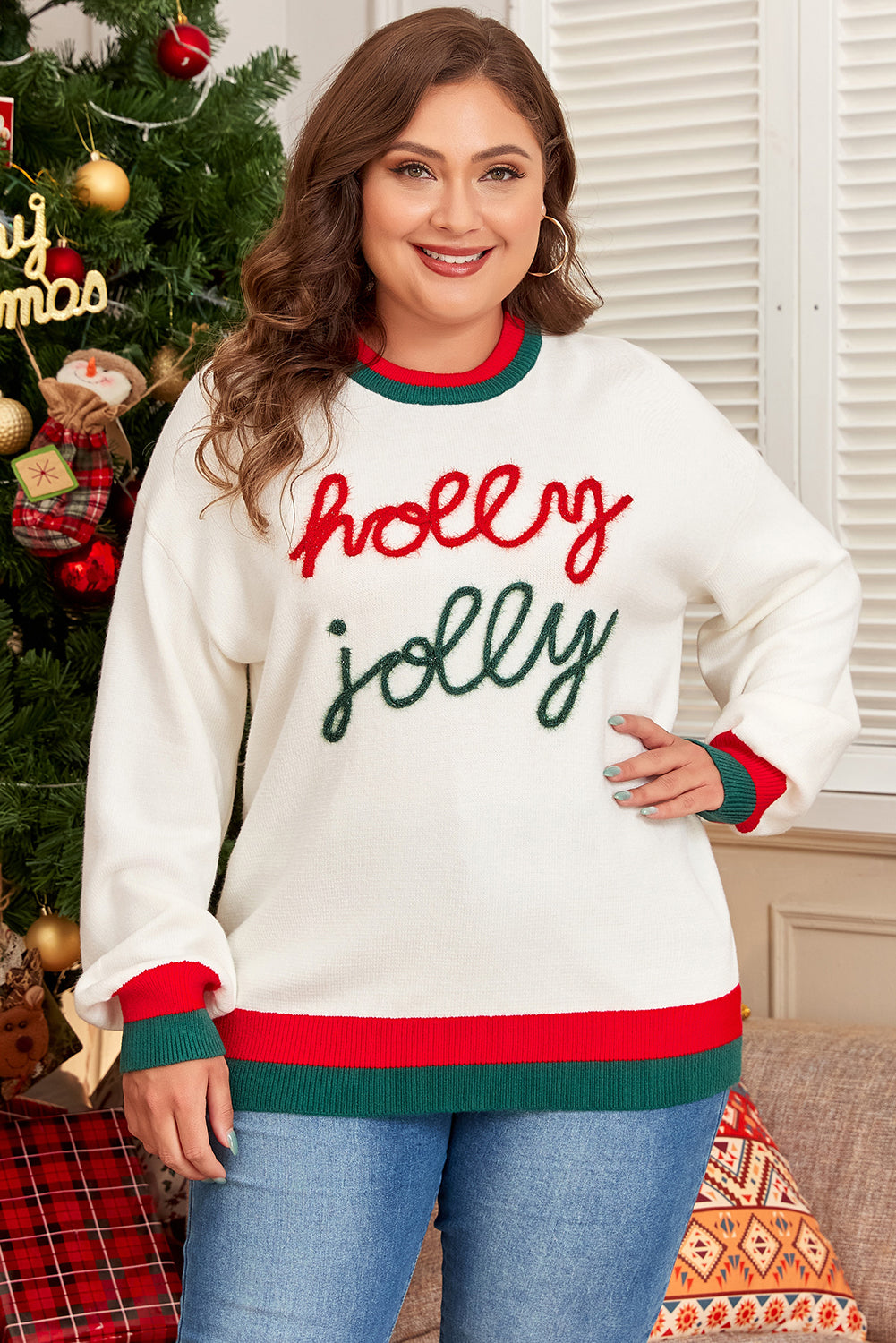 White Tinsel holly jolly Pattern Color-Block Edge Drop-Shoulder Plus Size Sweater