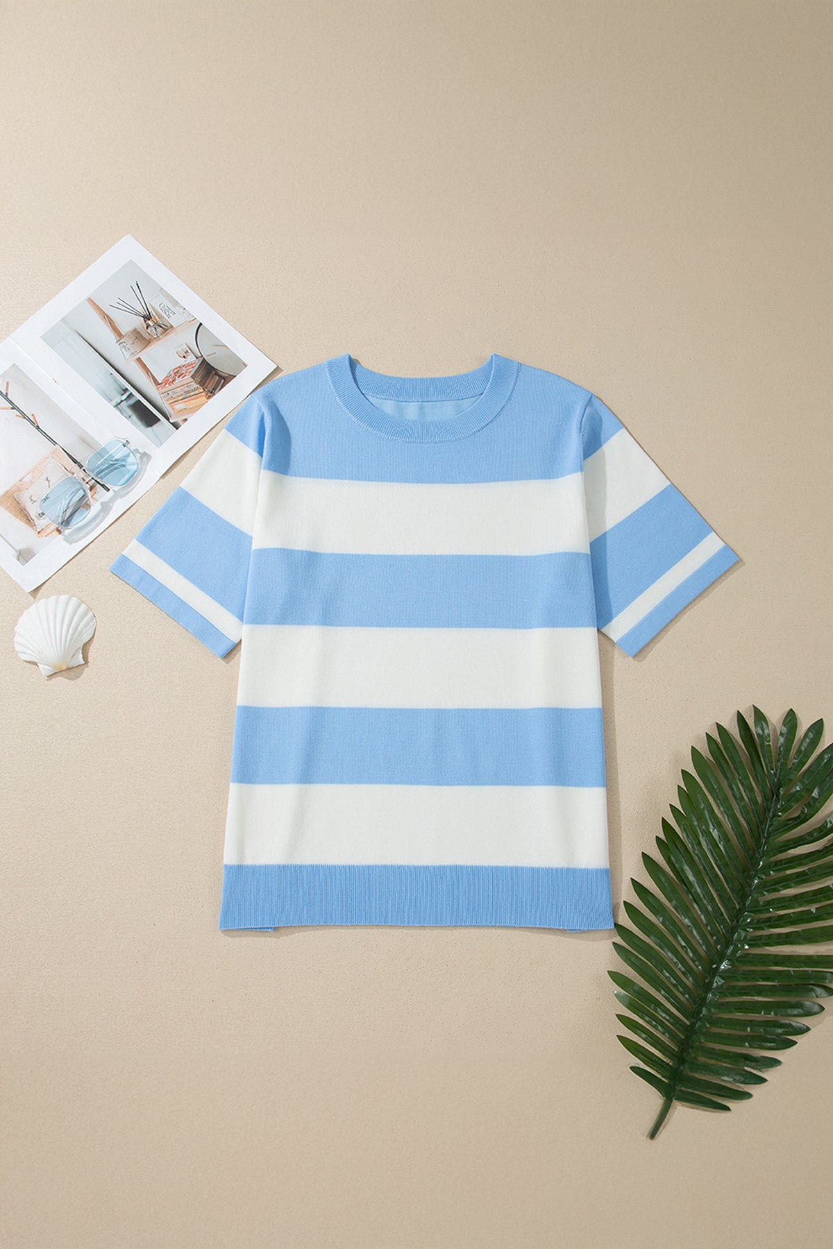 Sky Blue Stripe Color-Block Plus Size Short-Sleeve Sweater