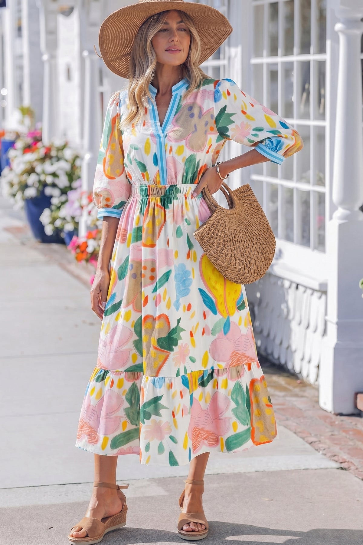 Multicolour Floral V-Neck Midi Dress