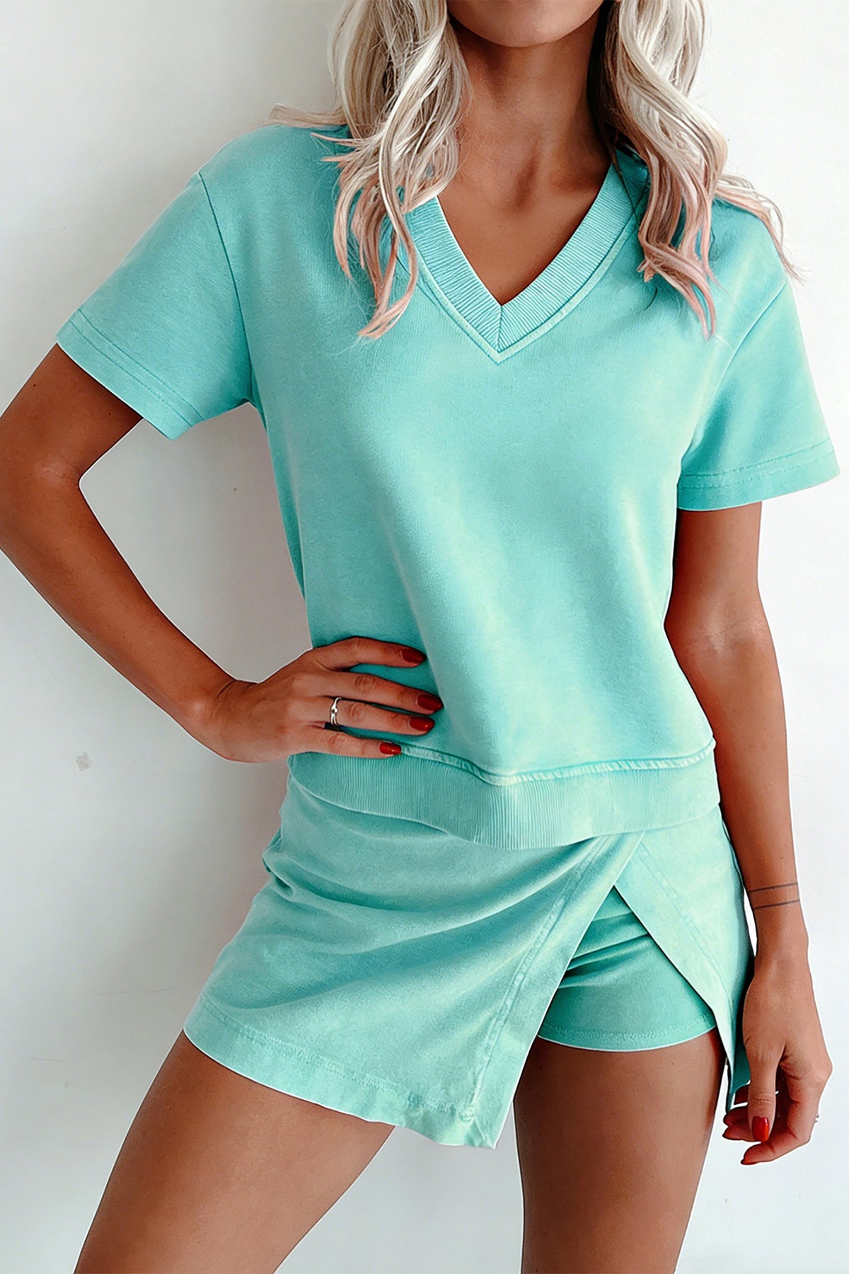Women's Mint Green Mineral Wash V-Neck Tee Matching Skort Two-Piece Set