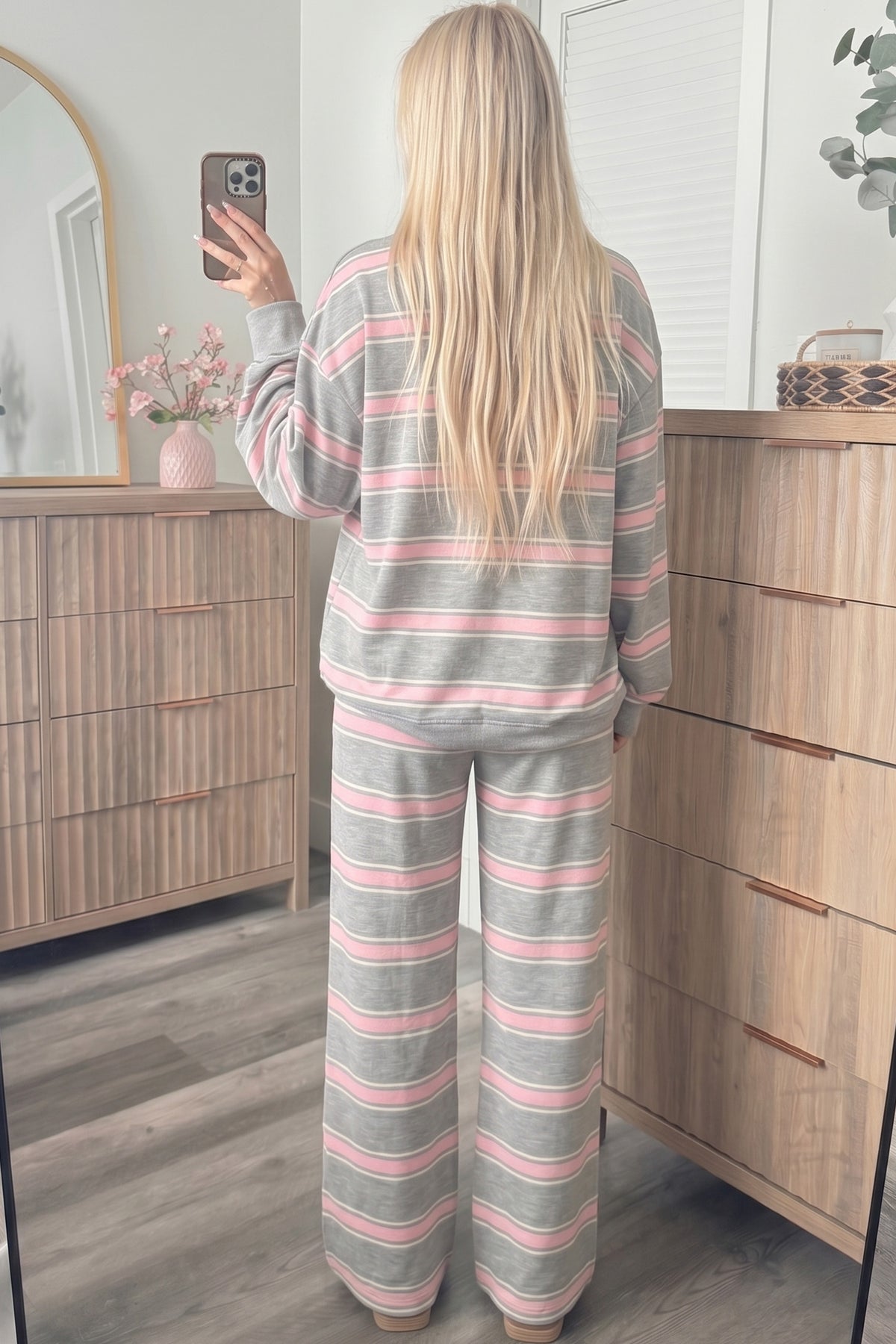 Pink Stripe Mock Neck Top and Loose Pants Set