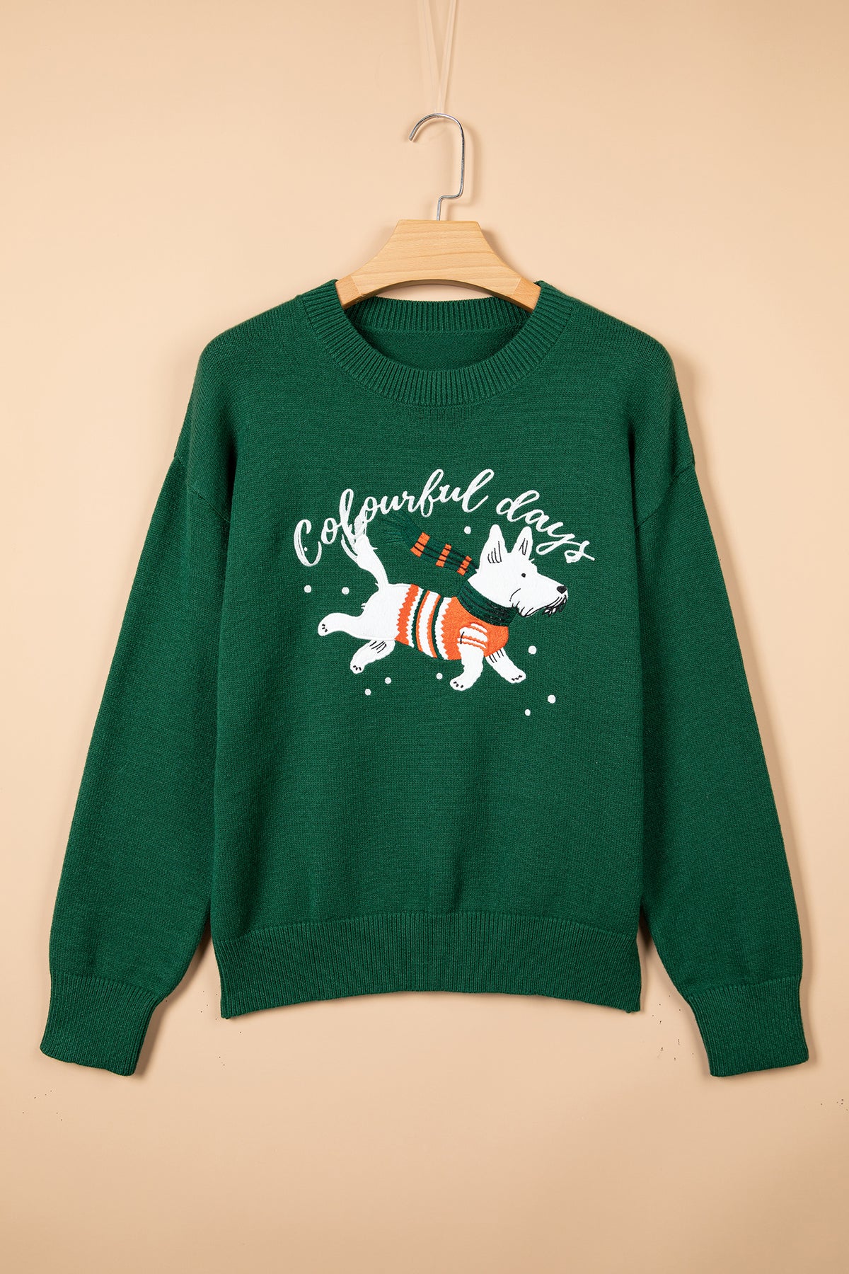 Blackish Green Abstract Dog Embroidery Christmas Round Neck Sweater