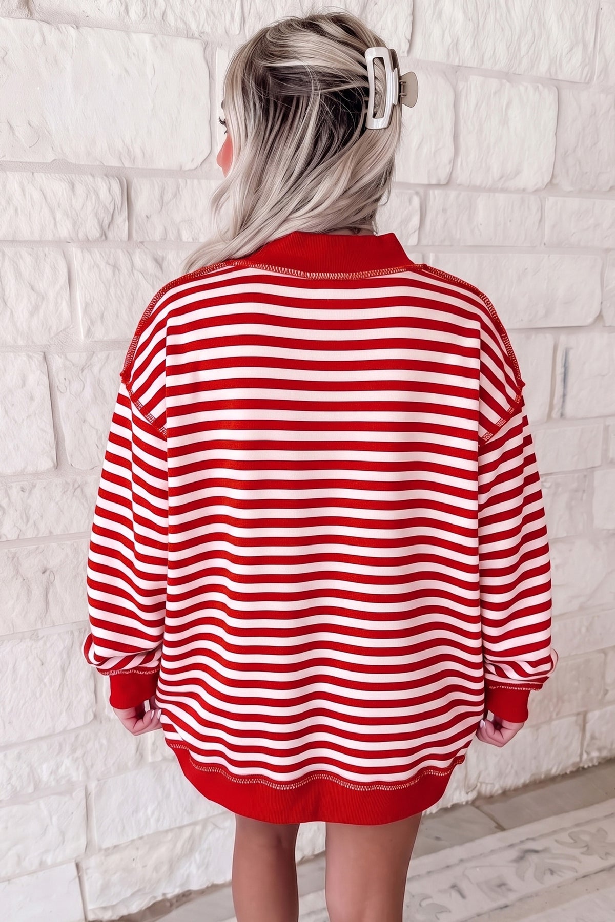 Red Stripe Christmas Slogan Mock Neck Oversized Sweatshirt