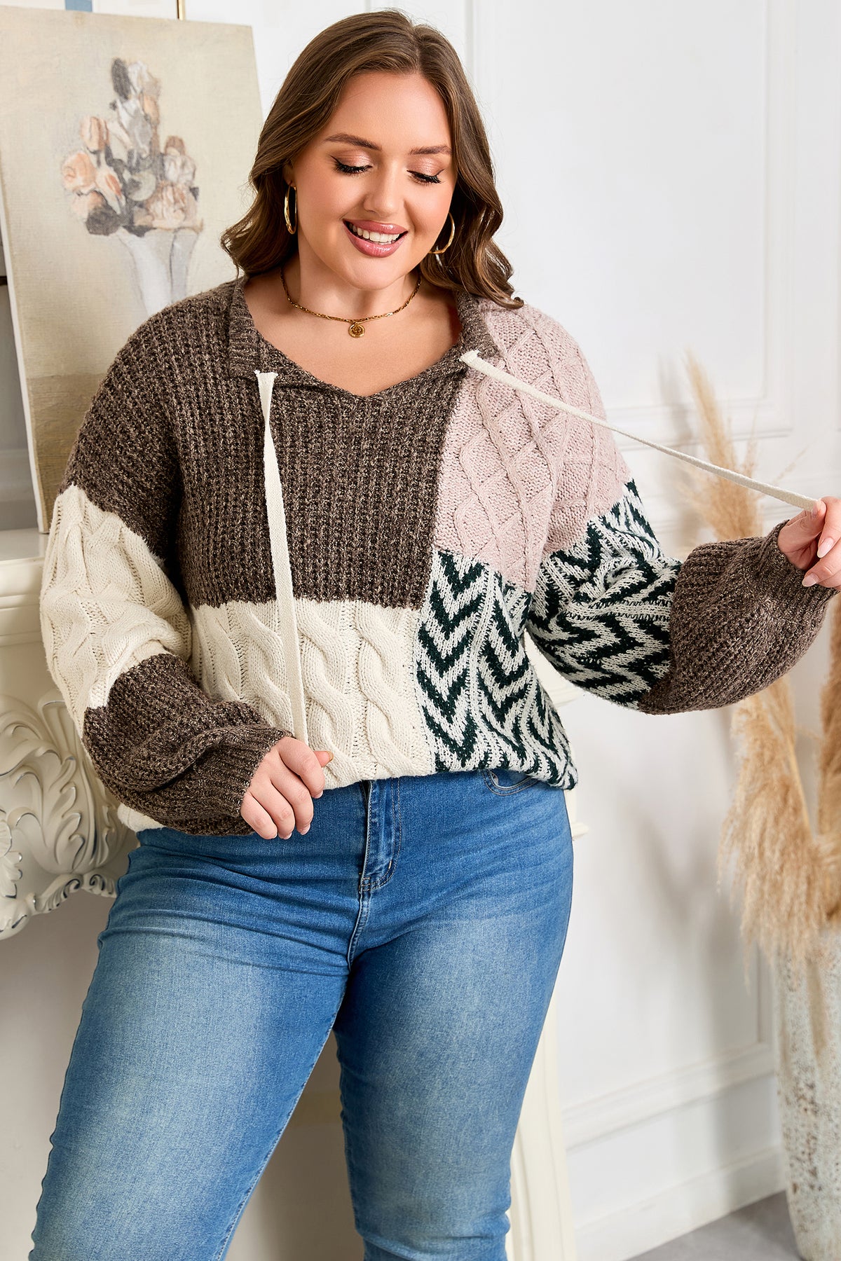 Brown Plus Size Color-Block Patchwork Knotted Back Loose Fit Sweater